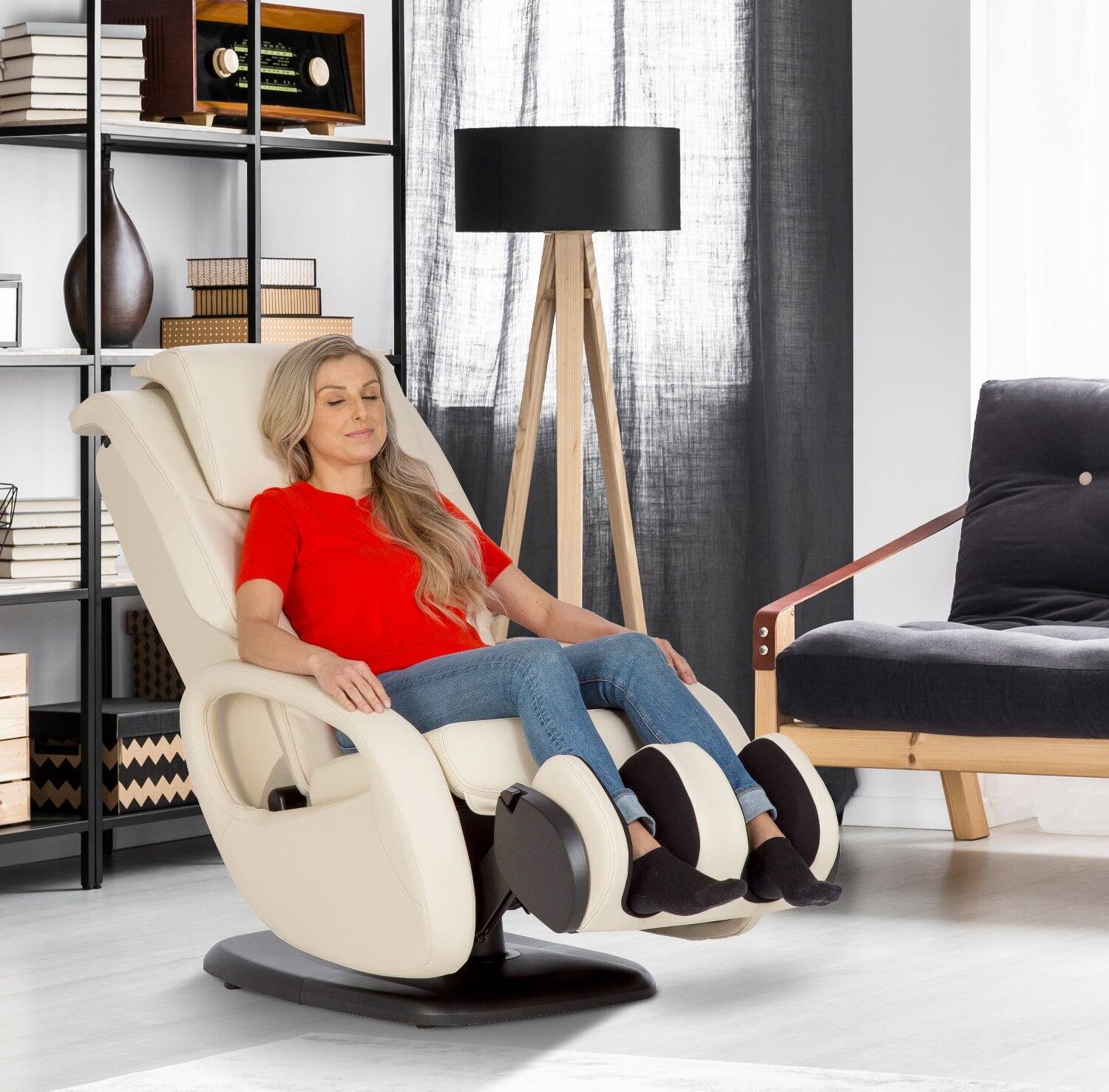 Left. Human Touch - WholeBody 5.1 Swivel Massage Chair Recliner with Foot & Calf Massager, Orbital Back Massage & Retractable Ottoman - Bone.