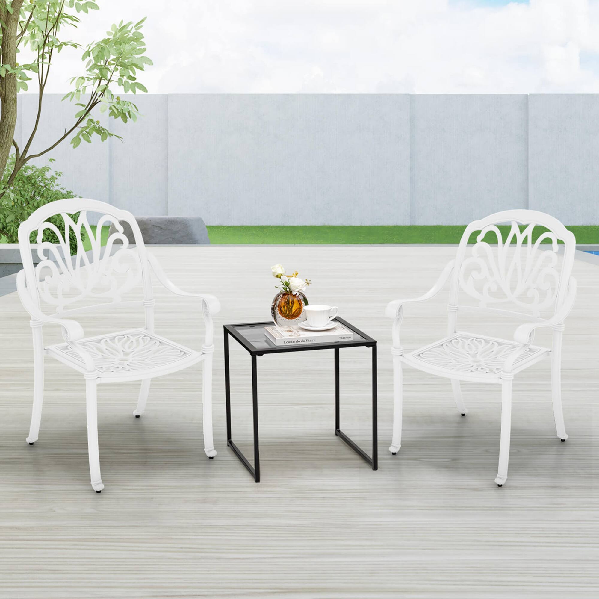 Angle. Costway - 4 PCS Patio Cast Aluminum Dining Chairs Armrests Outdoor Stackable - White.