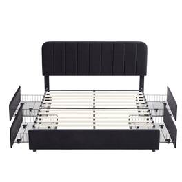 Vecelo - Full Size Storage Bed Frame with 4 Drawers - Velvet Upholstered, Adjustable Headboard, 800lb Capacity, Noise Free - Black