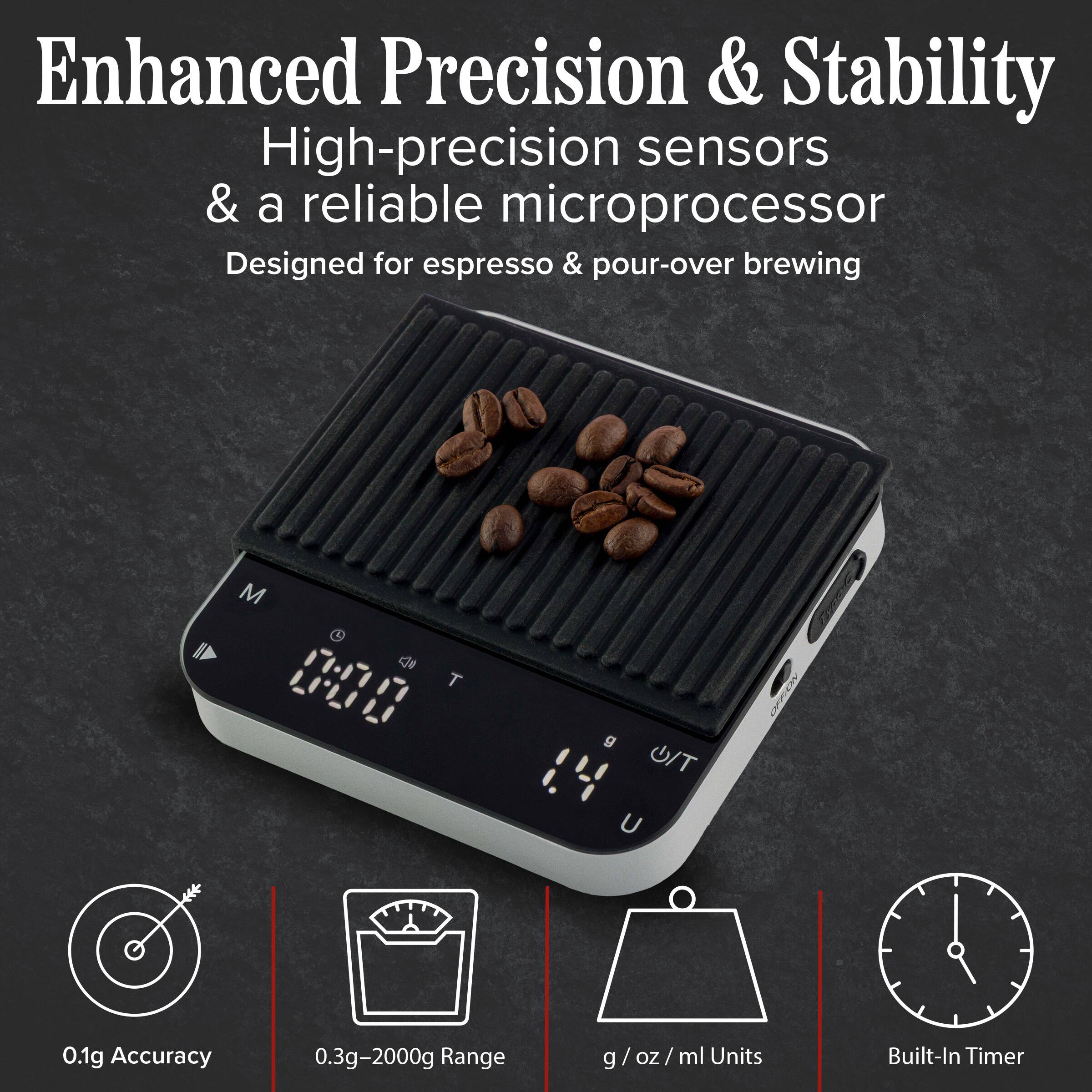 Enhanced Precision & Stability  
High-precision sensors & a reliable microprocessor  
Designed for espresso & pour-over brewing  

0.1g Accuracy  
0.3g-2000g Range  
g / oz / ml Units  
Built-In Timer