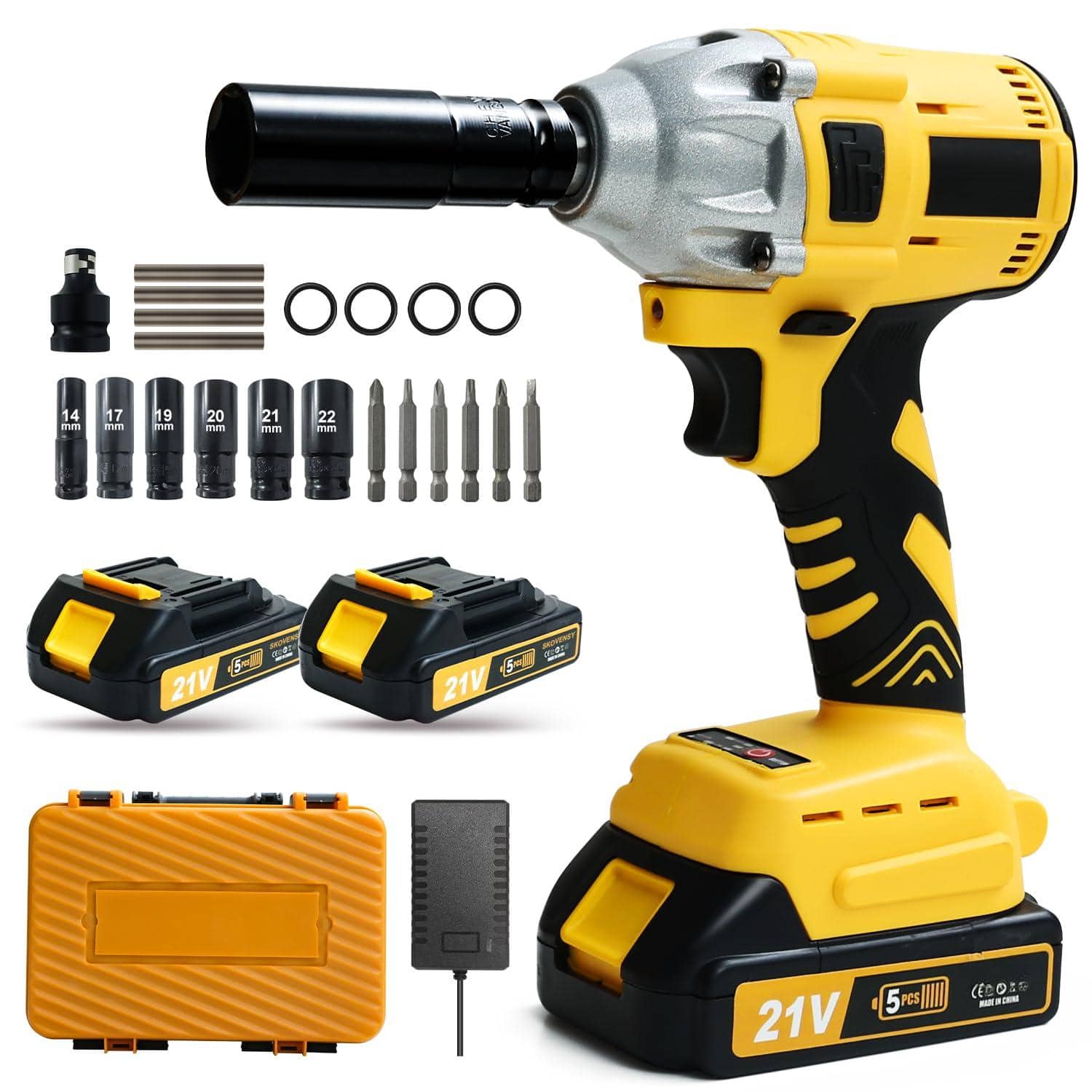 JETRANSPORT - Cordless Impact Wrench 1/2 2 Pistola De Impacto With 5 Sockets Electric Driver For Car Tires And Home Dyl - Yellow