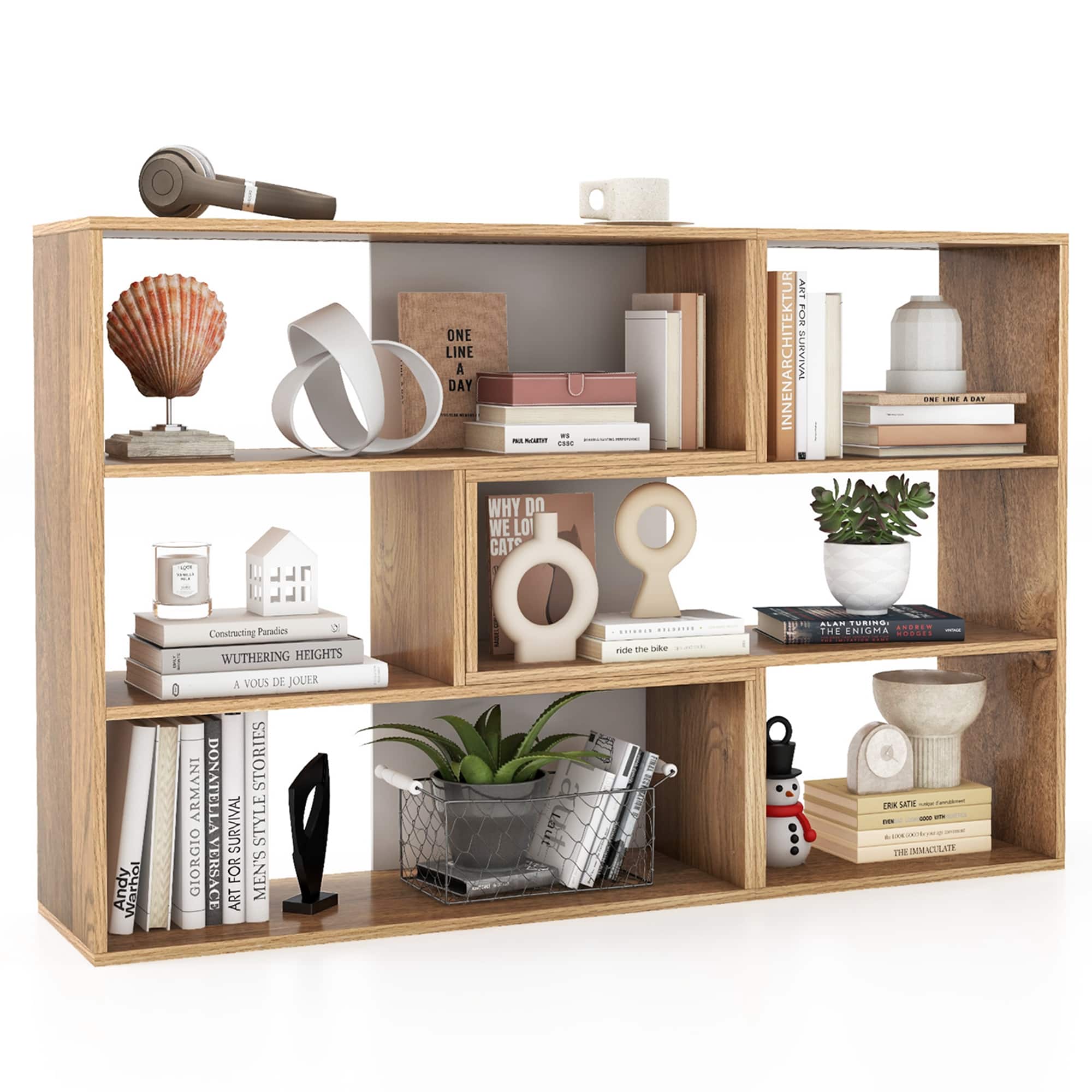 Costway - 6-Open Shelf Bookshelf Storage Display Stand Corner Bookcase Home Office - Yellow,Oak