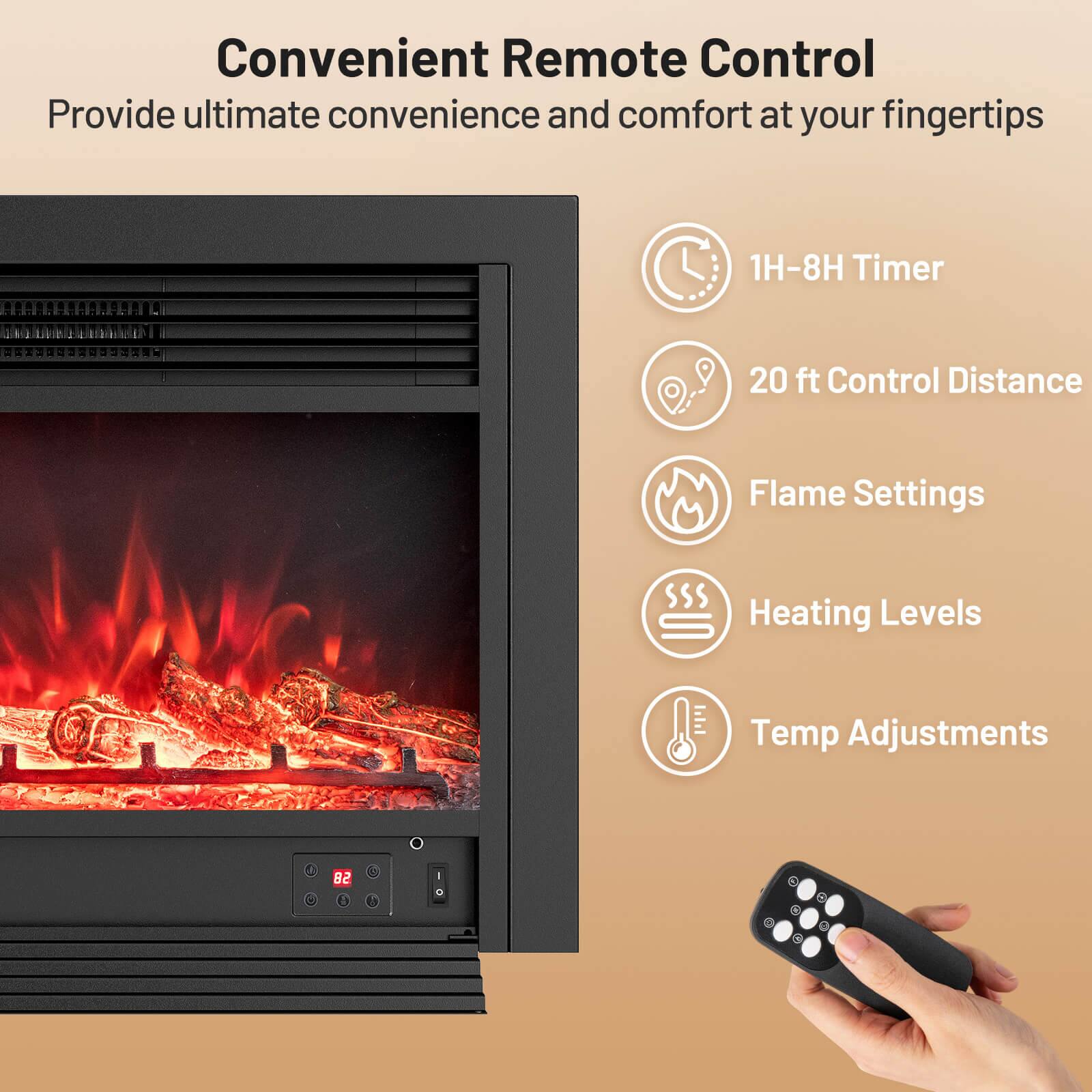 Convenient Remote Control  
Provide ultimate convenience and comfort at your fingertips  

- 1H-8H Timer  
- 20 ft Control Distance  
- Flame Settings  
- Heating Levels  
- Temp Adjustments