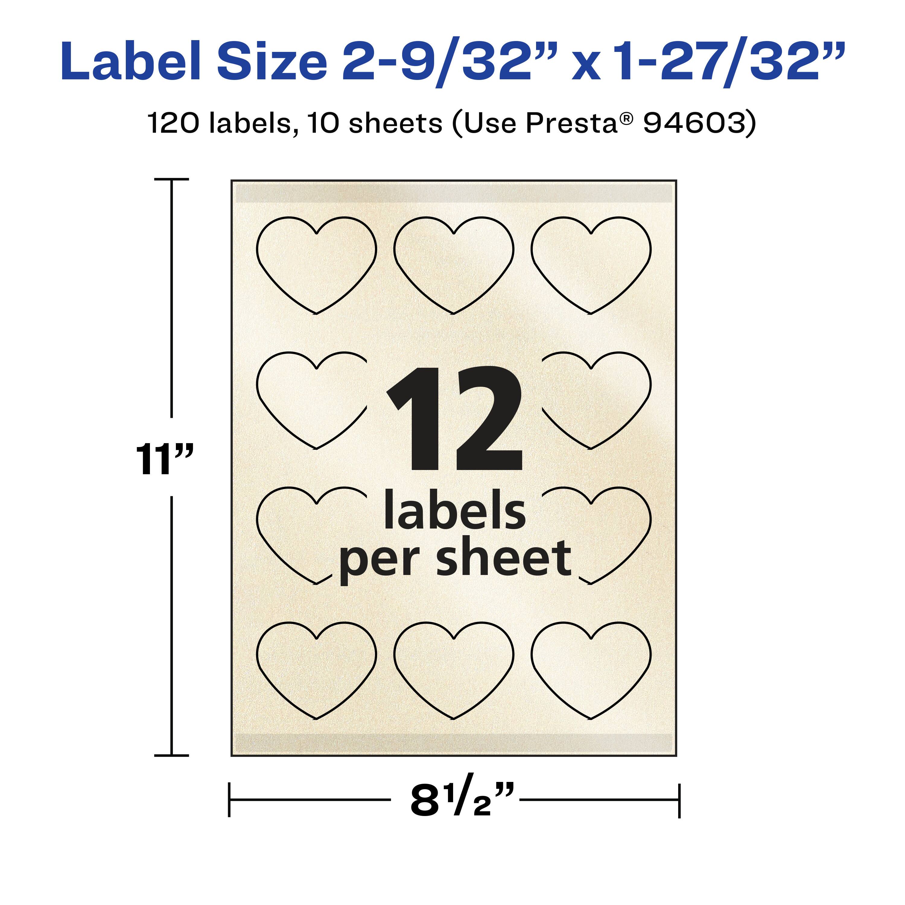 Label Size 2-9/32" x 1-27/32"  
120 labels, 10 sheets (Use Presta® 94603)  
11" x 8½"  
12 labels per sheet