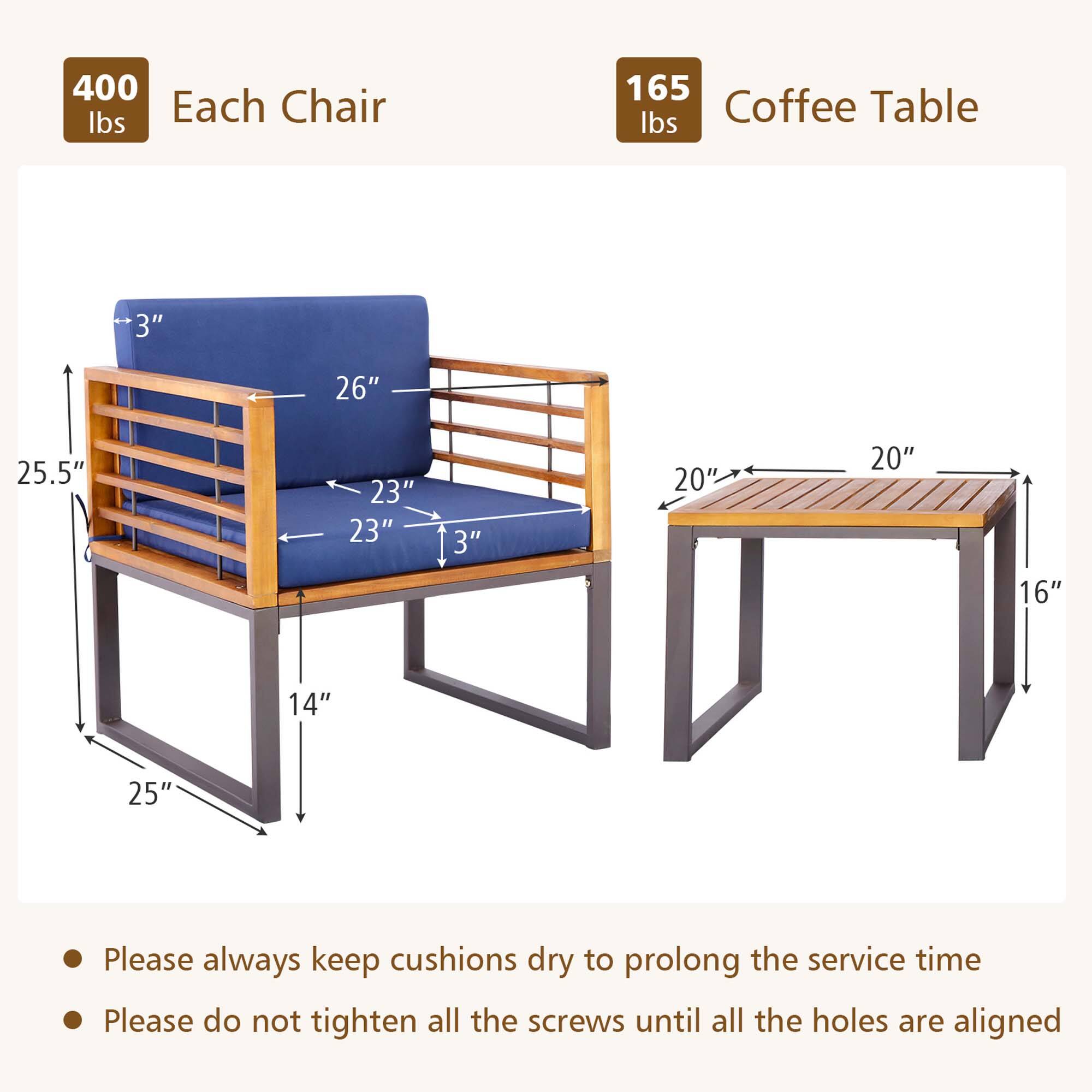 400 lbs Each Chair  
165 lbs Coffee Table  

Dimensions:  
- Chair: 25.5" x 26" x 23" x 23" x 3" x 14" x 25"  
- Coffee Table: 20" x 20" x 16"  

Instructions:  
- Please always keep cushions dry to prolong the service time  
- Please do not tighten all the screws until all the holes are aligned