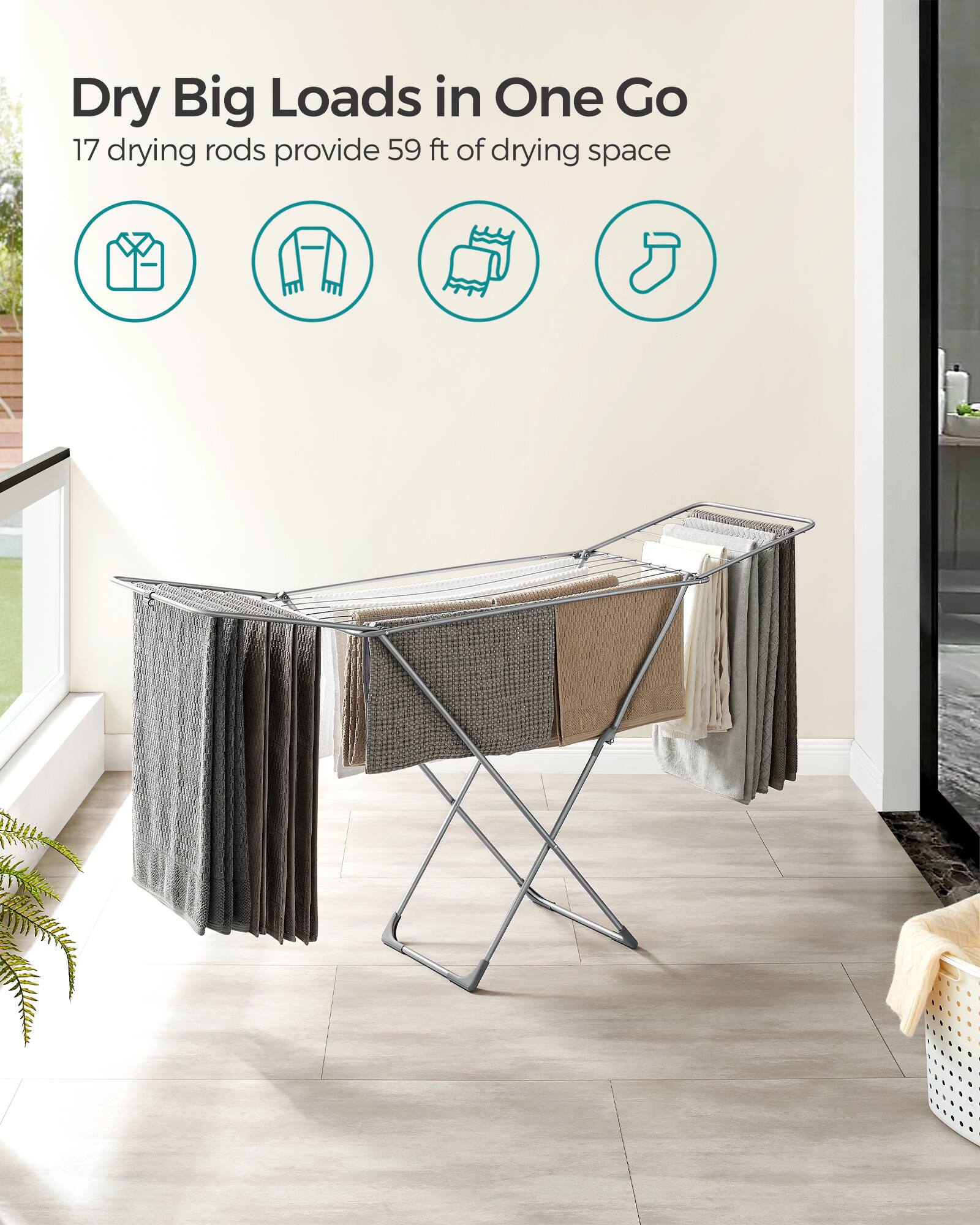 Songmics Home Clothes Drying Rack, Metal Laundry Drying Rack, Foldable ...