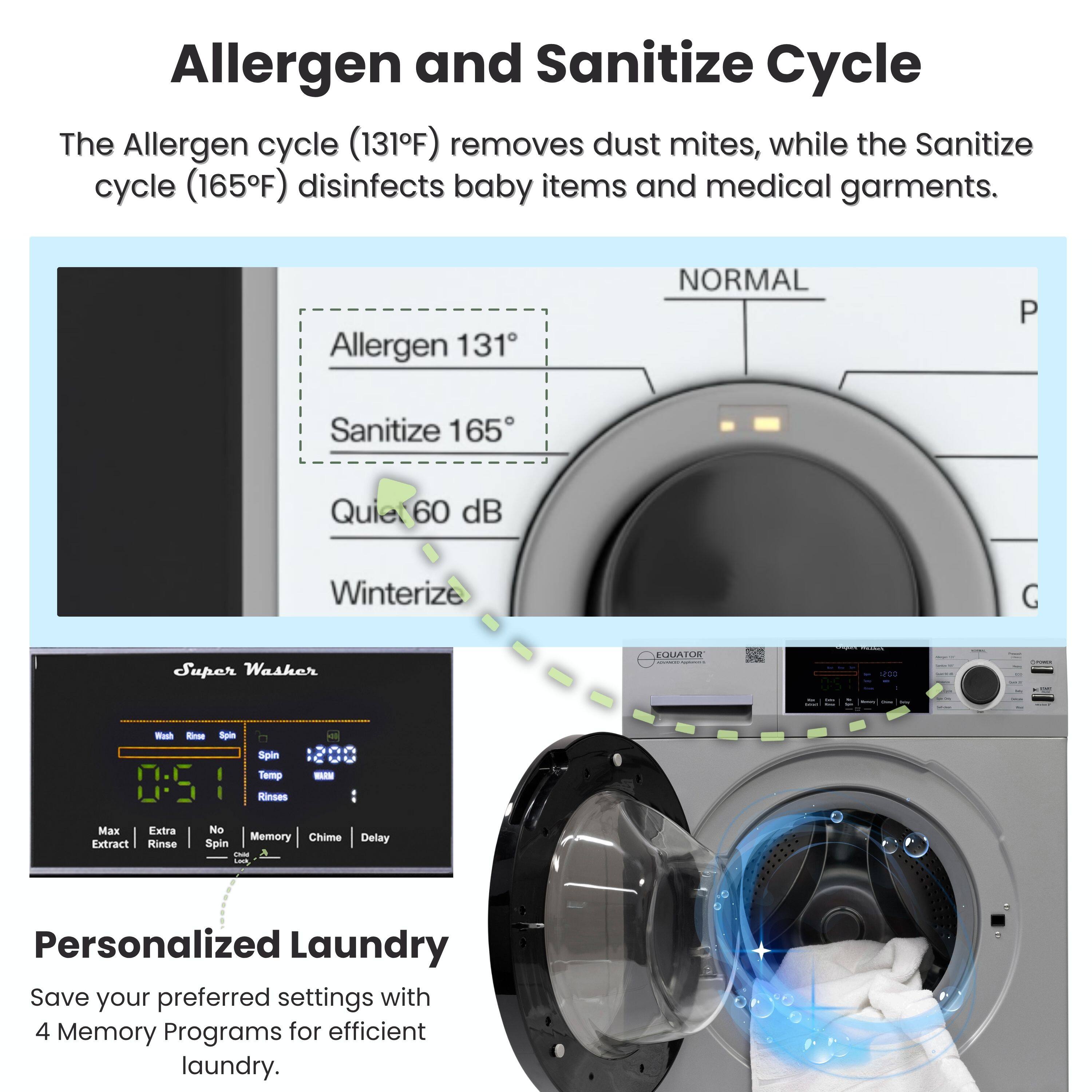 Allergen and Sanitize Cycle

The Allergen cycle (131°F) removes dust mites, while the Sanitize cycle (165°F) disinfects baby items and medical garments.

Allergen 131°  
Sanitize 165°  
Quiet 60 dB  
Winterize  

Super Washer  

Personalized Laundry

Save your preferred settings with 4 Memory Programs for efficient laundry.