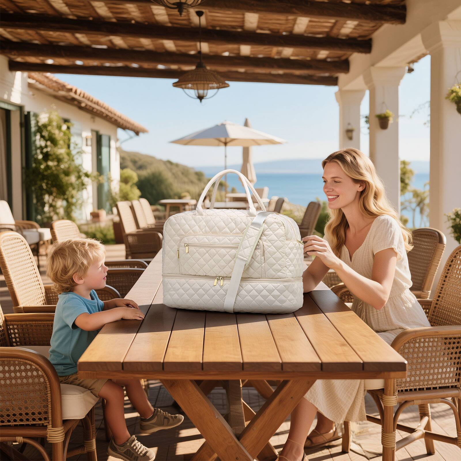 Alt View 6. Unique Bargains - 50L Large Travel Duffle Bag for Women Weekender Overnight Bag W/Shoe Compartment+Wet Pocket+Toiletry Bag TSA Approved - Beige.