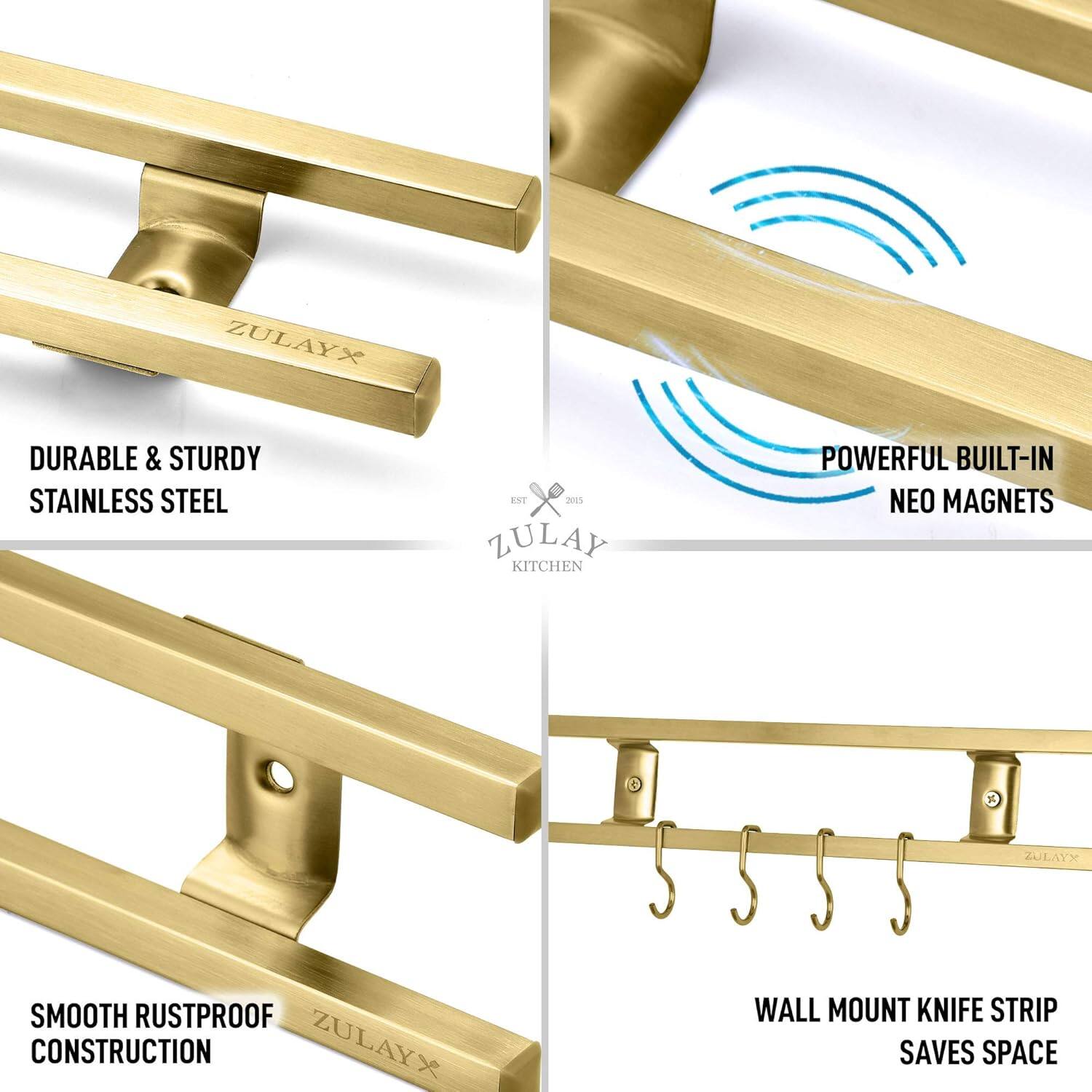 ZULAYX AYX

- DURABLE & STURDY STAINLESS STEEL
- POWERFUL BUILT-IN NEO MAGNETS
- SMOOTH RUSTPROOF CONSTRUCTION
- WALL MOUNT KNIFE STRIP SAVES SPACE