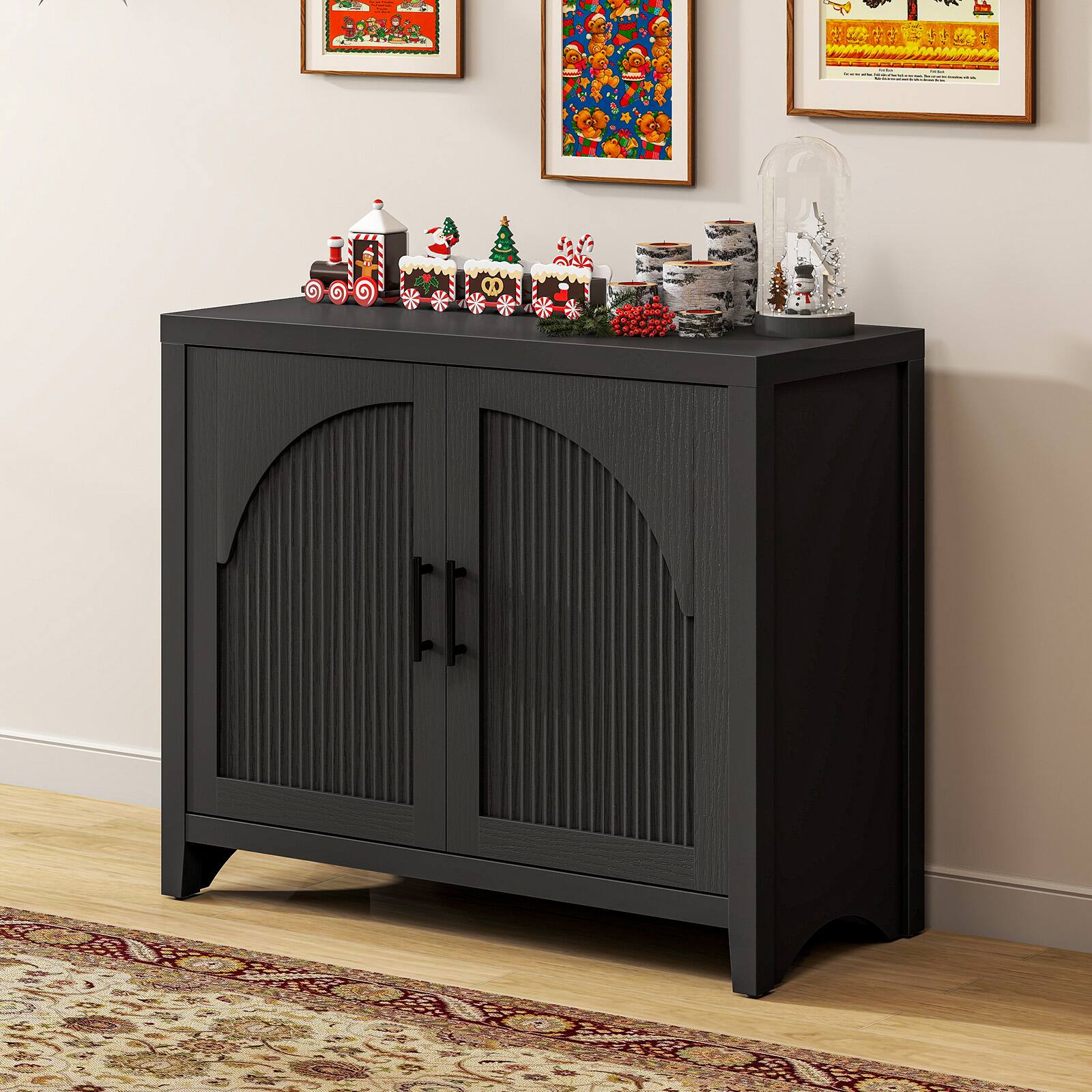 Left. Bestier - 60" Curved Fluted TV Stand, Double Door Media Console with Adjustable Shelves & Cable Management for Living Room - Black Grained.