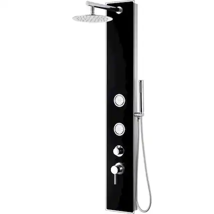 Front. Alfi - Black Glass Shower Panel with 2 Body Sprays and Rain Shower Head - Black.
