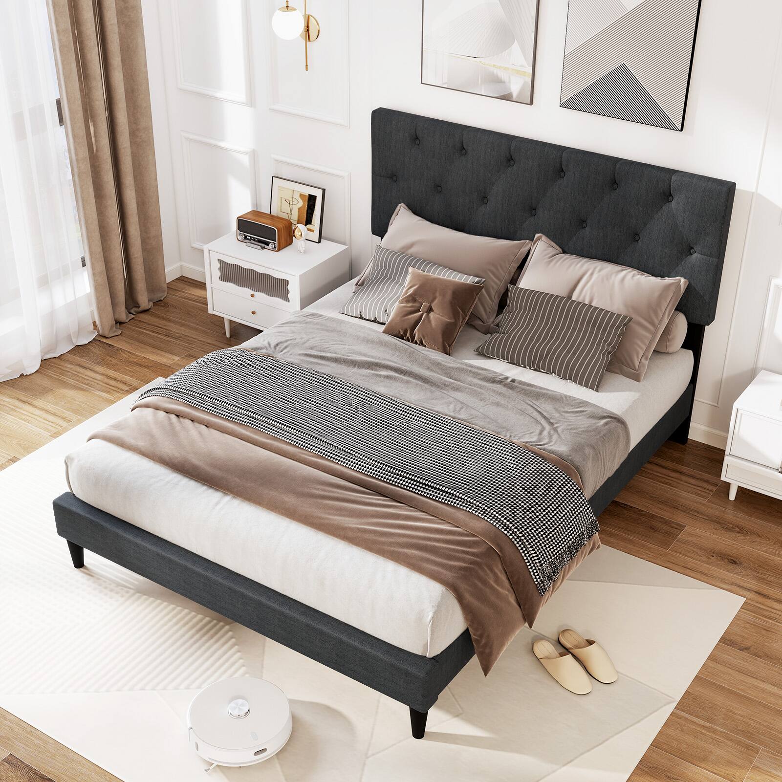 Angle. LUCKY ONE - Ful Assembled Upholstered Platform Bed with Tufted Headboard Wooden Slats Gray - Gray-Full.