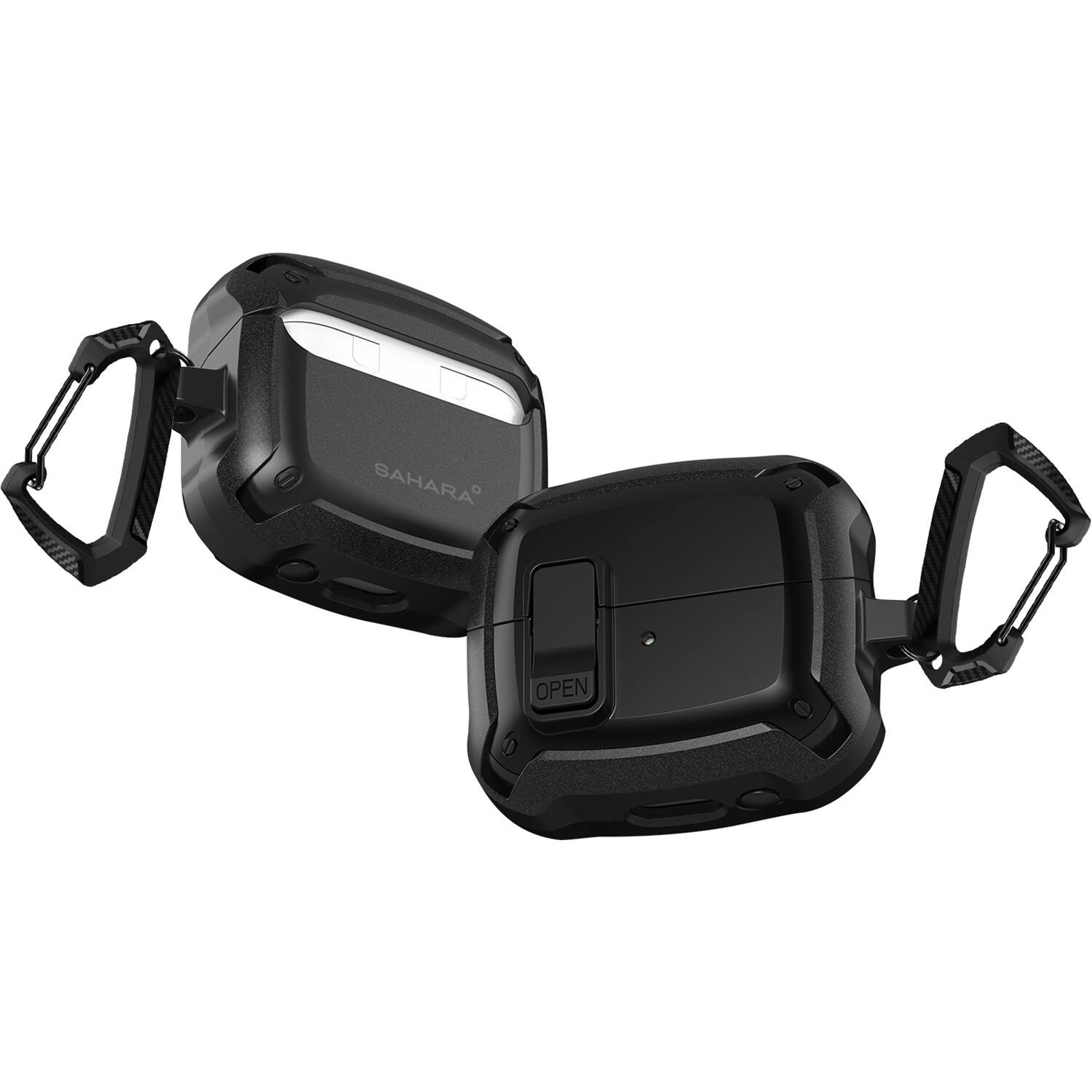 The image features two black Sahara Open devices, which are likely electronic devices or gadgets. They are placed next to each other, with one device positioned slightly higher than the other. The devices appear to be designed for outdoor use, as they are described as "open."