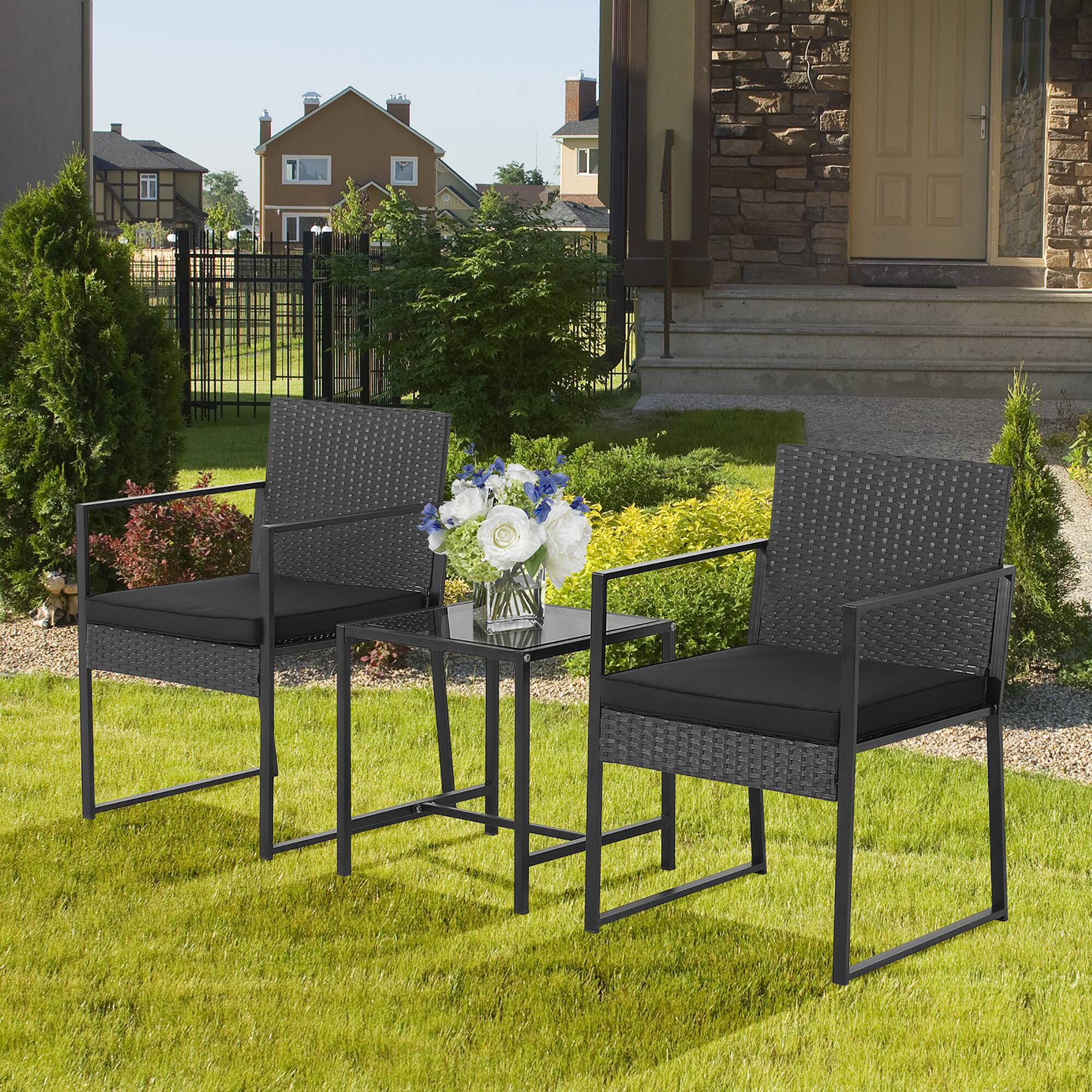 Alt View 4. Gymax - Gymax 3PCS Patio Rattan PE Wicker Bistro Set Outdoor Furniture Set w/ Table & Cushion - Black.