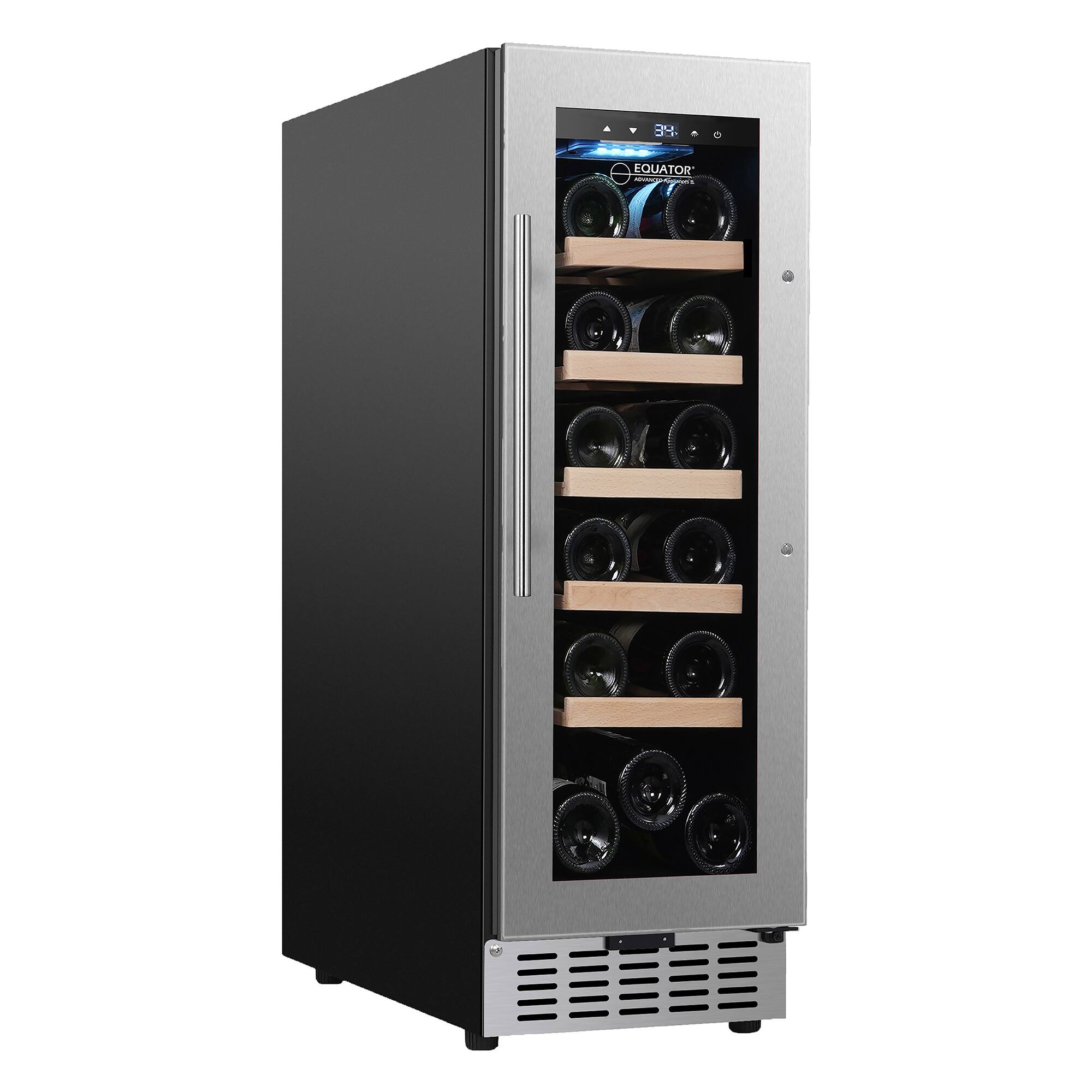 Angle. Equator - Equator 11 inch 18-Bottle Wine Cooler, Refrigerator Built-In/Freestanding, 41°F−71.6°F Range, 7-Color LED, Alarm, 110 V - Stainless Steel.