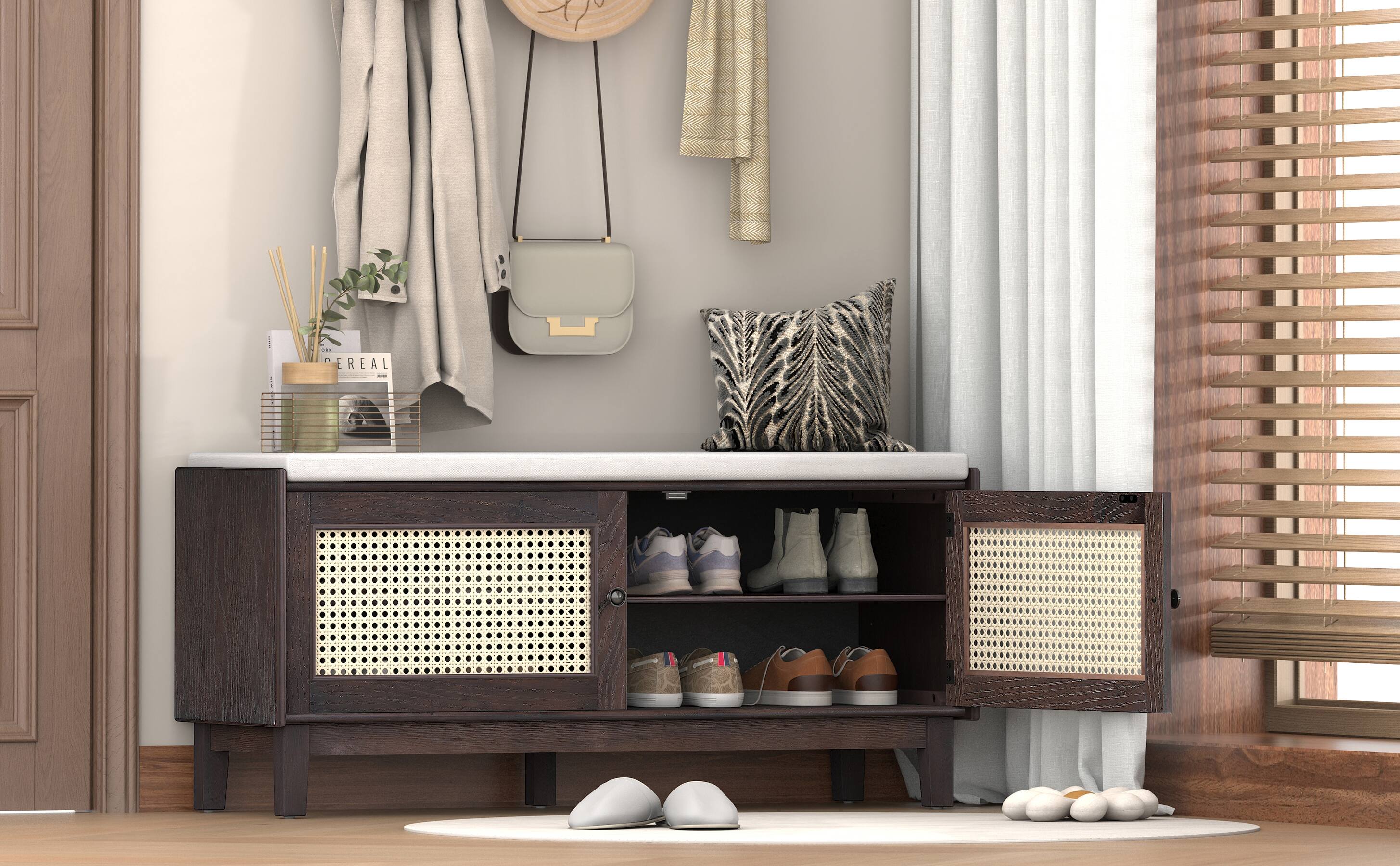Angle. Ropilly - Ropilly Boho Rattan Entryway Bench with Storage, Cushioned Shoe Organizer with Doors and Adjustable Shelves, Espresso - Espresso and Beige.
