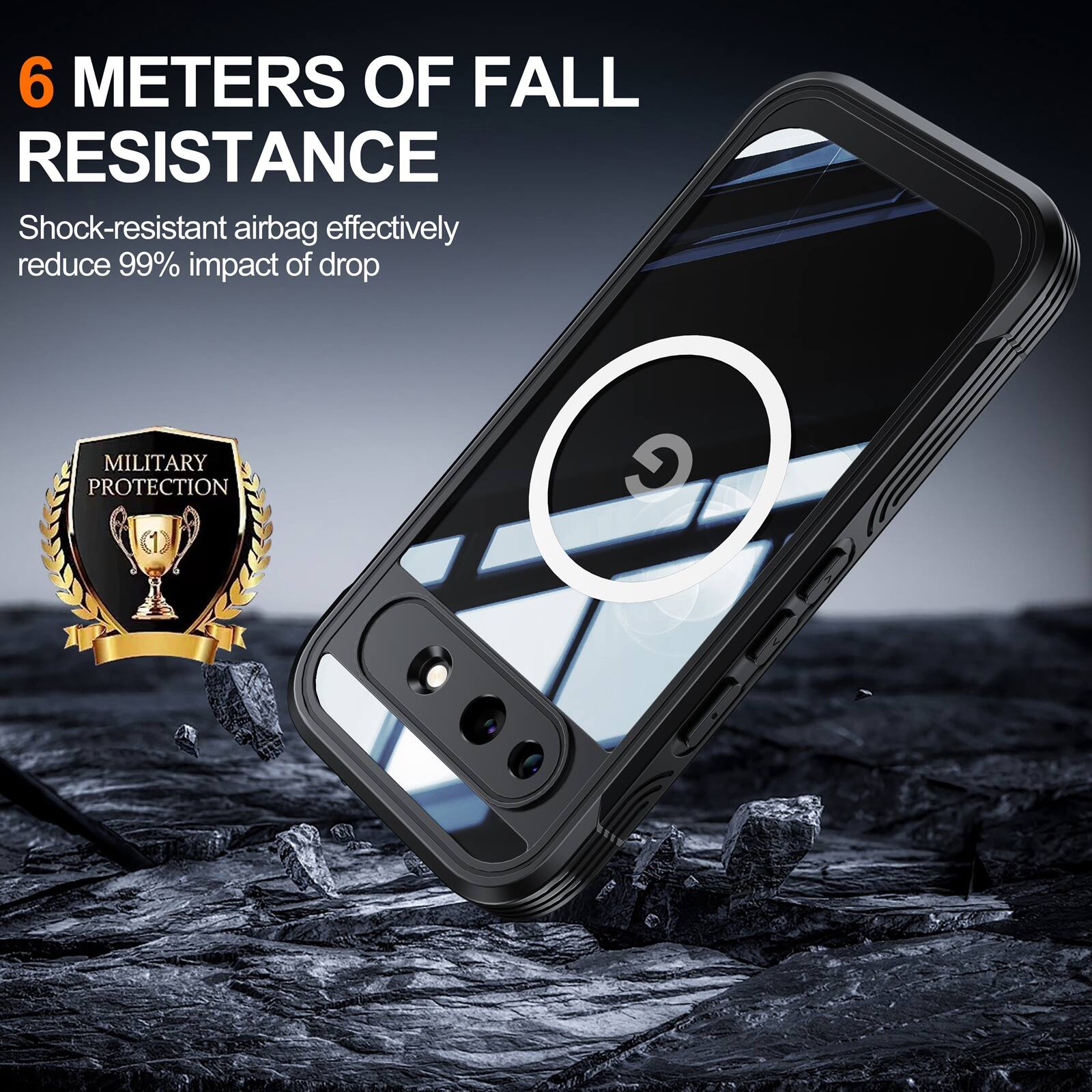 6 METERS OF FALL RESISTANCE  
Shock-resistant airbag effectively reduce 99% impact of drop  
MILITARY PROTECTION