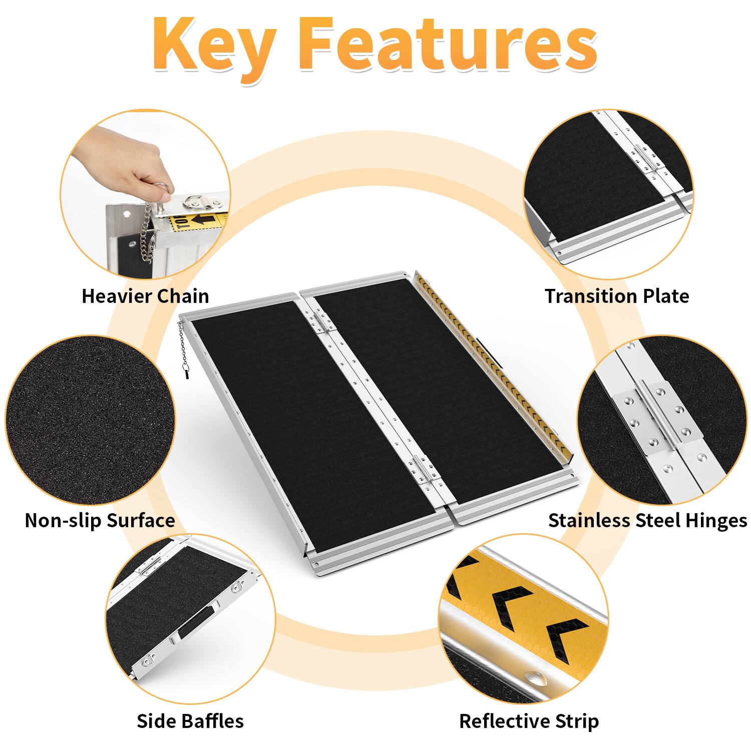 Key Features

- Heavier Chain
- Transition Plate
- Non-slip Surface
- Stainless Steel Hinges
- Side Baffles
- Reflective Strip