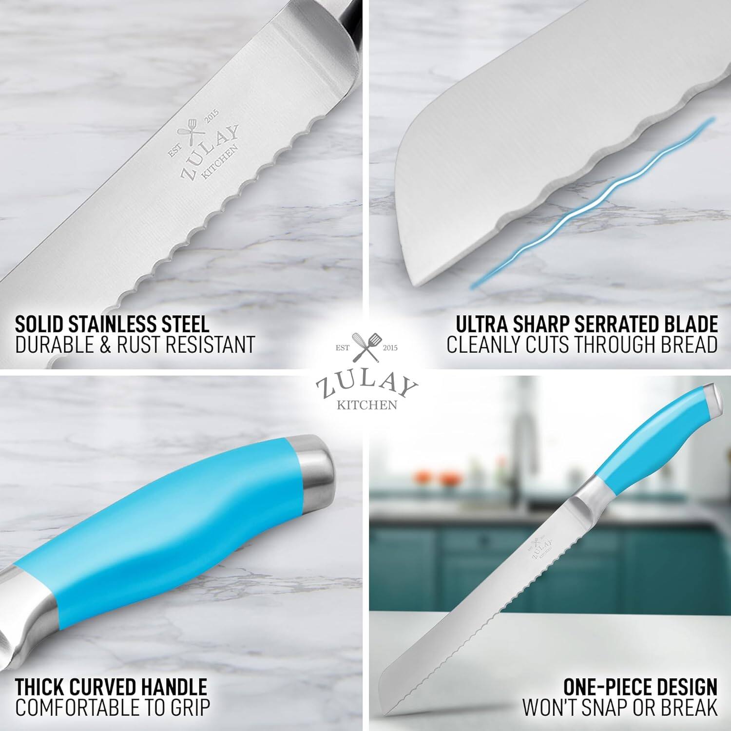 - SOLID STAINLESS STEEL
  DURABLE & RUST RESISTANT

- ULTRA SHARP SERRATED BLADE
  CLEANLY CUTS THROUGH BREAD

- THICK CURVED HANDLE
  COMFORTABLE TO GRIP

- ONE-PIECE DESIGN
  WON'T SNAP OR BREAK