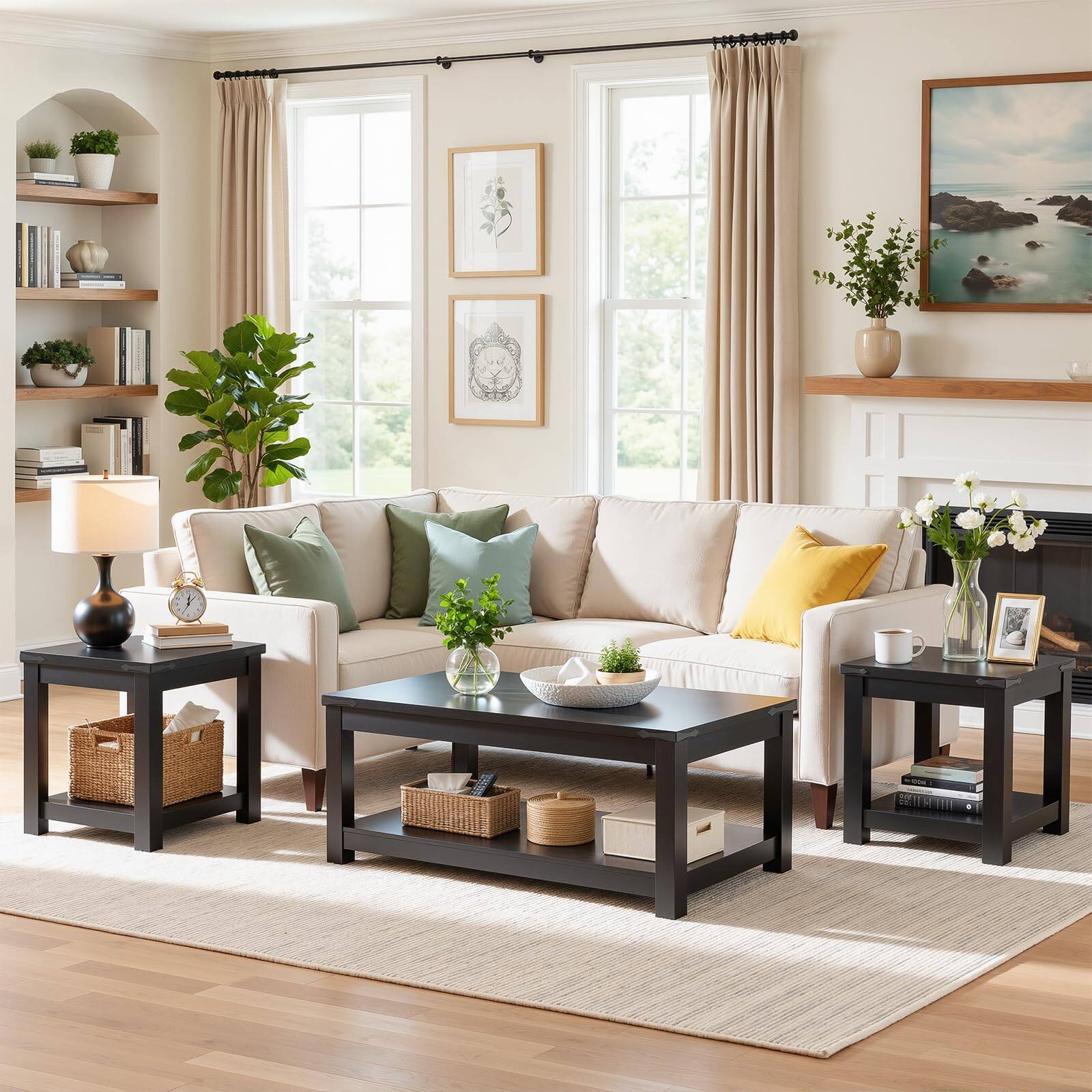 Angle. Aheaplus - 2-Piece 20" Square Side Tables + 43.3" Rectangular Coffee Table Set, with Storage,Ships in 2 packages - Black.