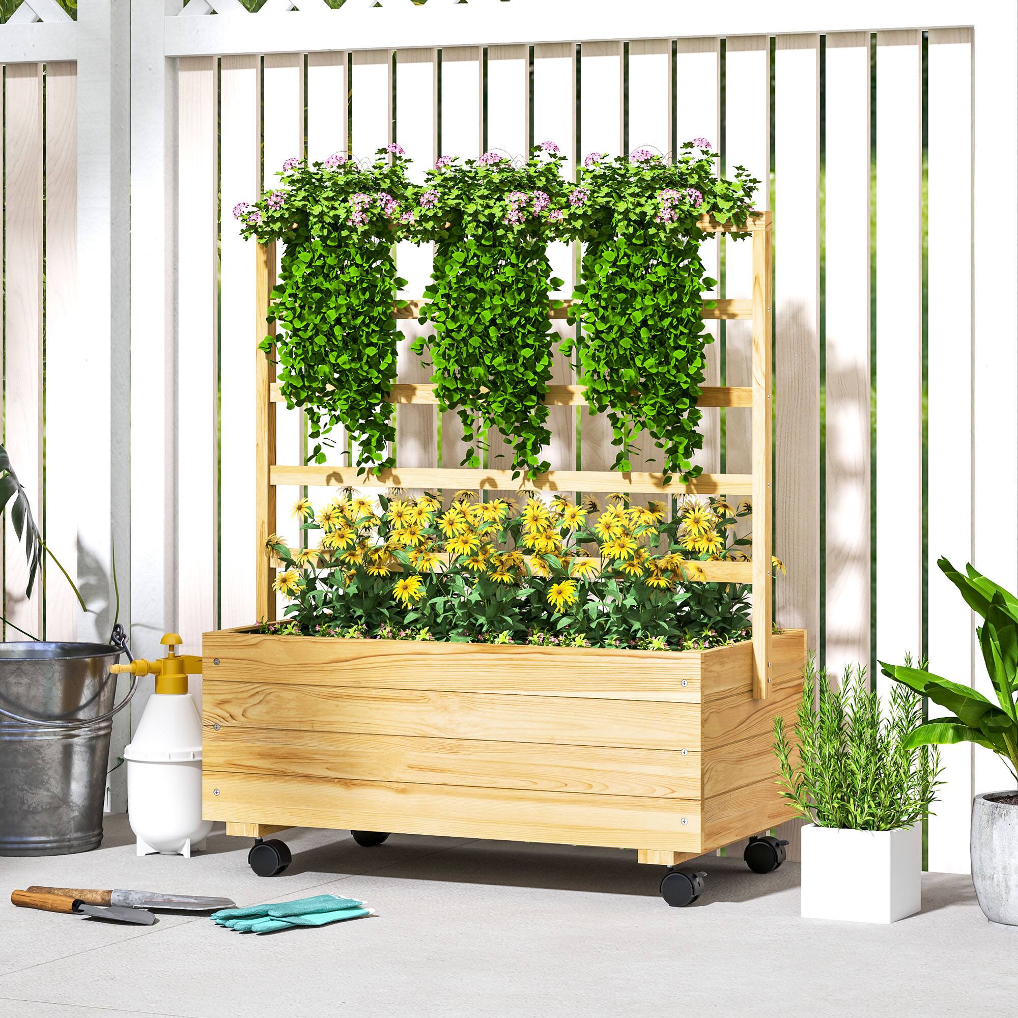 Alt View 1. Outsunny - Raised Garden Bed with Trellis and Wheels, Outdoor Wooden Elevated Planter Box, Freestanding Raised Flower Bed - Natural Wood.