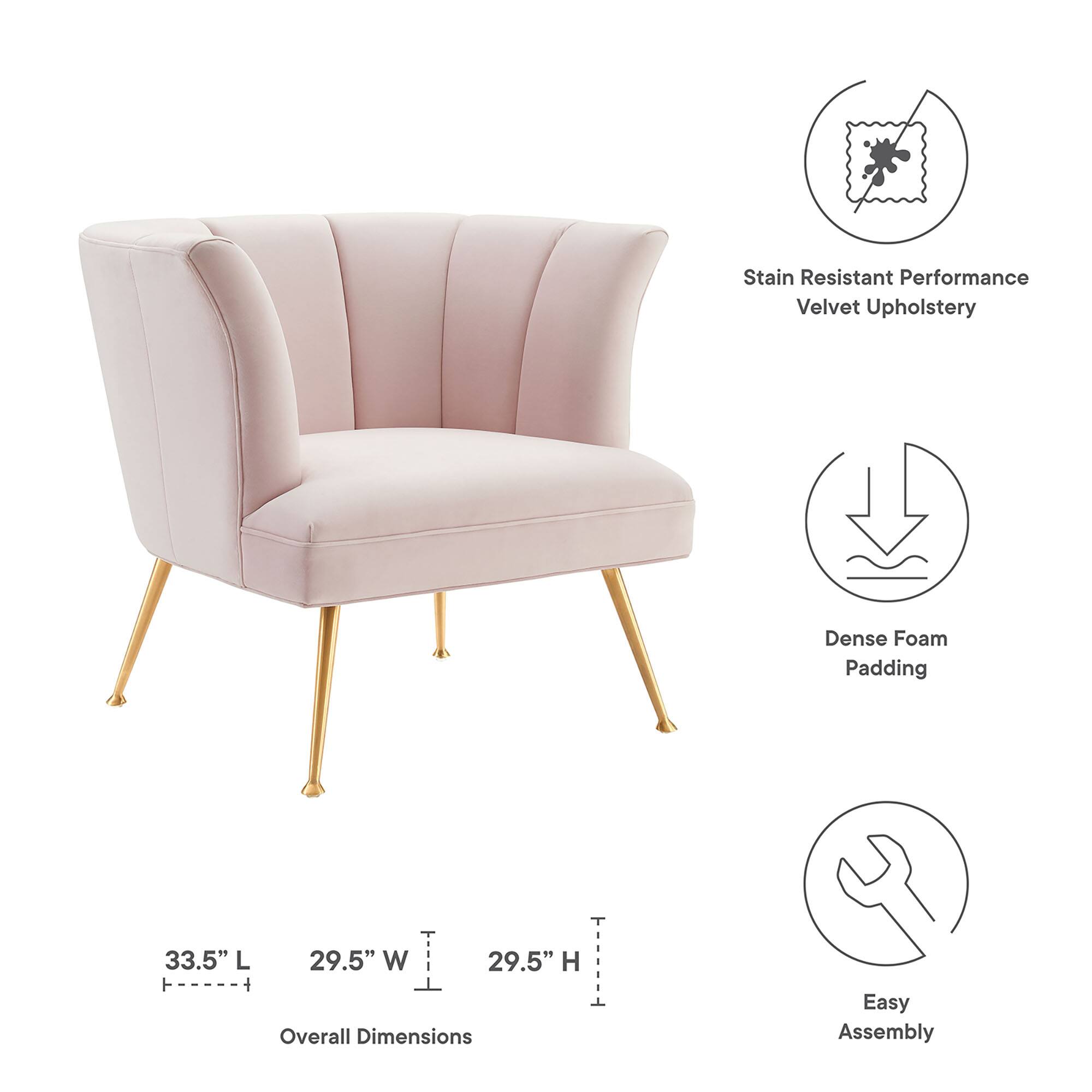 - Stain Resistant Performance Velvet Upholstery
- Dense Foam Padding
- Overall Dimensions: 33.5" L x 29.5" W x 29.5" H
- Easy Assembly