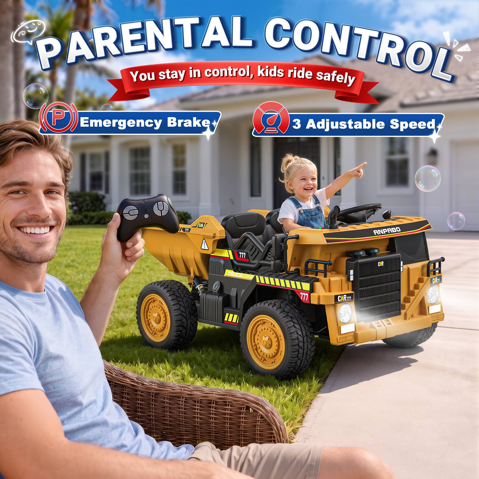 PARENTAL CONTROL  
You stay in control, kids ride safely  
Emergency Brake  
3 Adjustable Speed