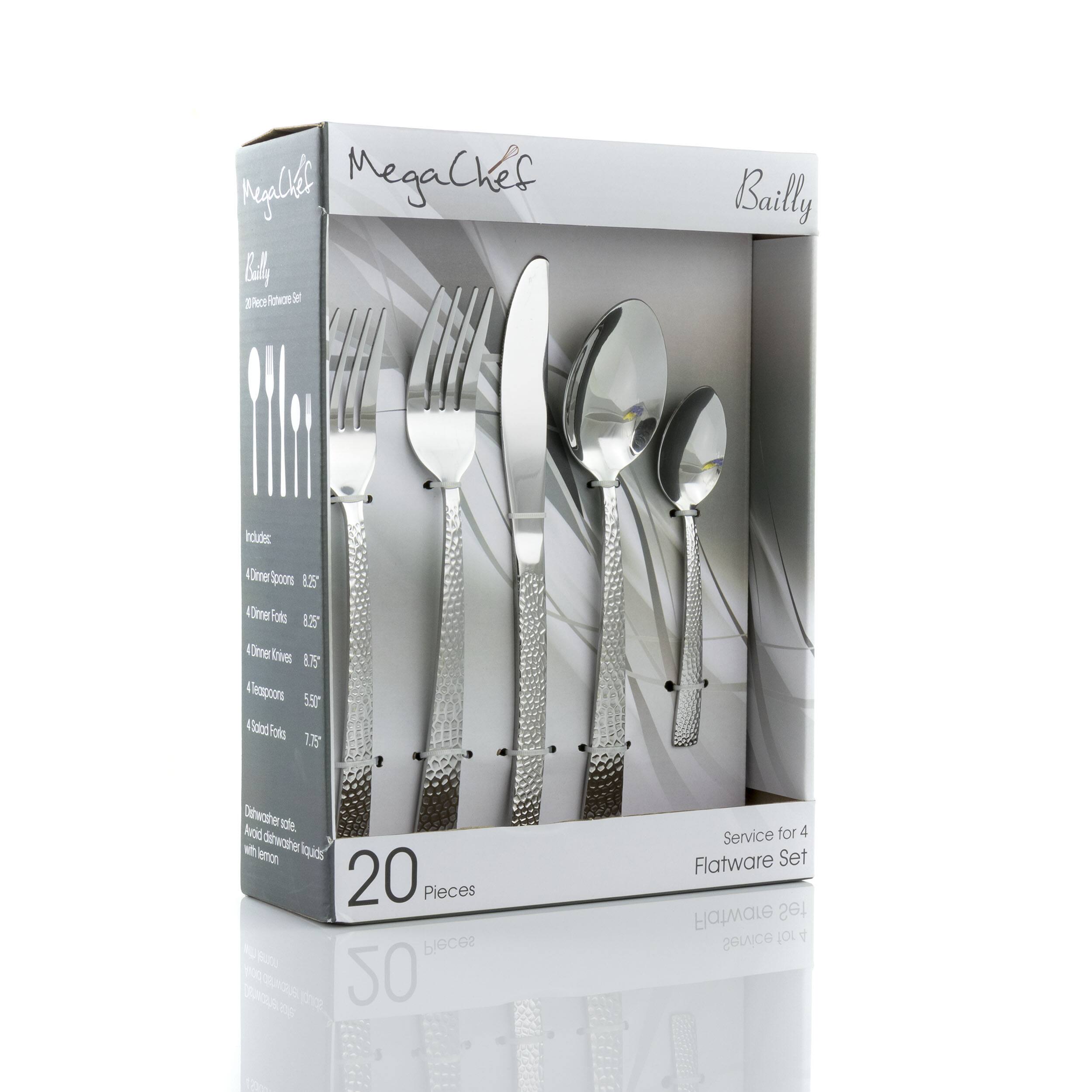 MegaChef - 4 Dinner Spoons 8.25, 4 Dinner Forks 8.25, 4 Dinner Knives 8.75, 4 Teaspoons 5.50, 4 Salad Forks 7.75, 4 Dessert Spoons 7.75, 4 Dessert Forks 7.75, 4 Teaspoons 5.50, 4 Dinner Knives 8.75, 4 Dinner Forks 8.25, 4 Dinner Spoons 8.25, 4 Teaspoons 5.50, 4 Salad Forks 7.75, 4 Dessert Spoons 7.75, 4 Dessert Forks 7.75, 4 Teaspoons 5.50, 4 Dinner Knives 8.75, 4 Dinner Forks 8.25, 4 Dinner Spoons 8.25, 4 Teaspoons 5.50, 4 Salad Forks 7.75, 4 Dessert Spoons 7.75, 4 Dessert Forks 7.75, 4 Teaspoons 5.50, 4 Dinner Knives 8.75, 4 Dinner Forks 8.25, 4 Dinner Spoons 8.25, 4 Teaspoons 5.50, 4 Salad Forks 7.75, 4 Dessert Spoons 7.75, 4 Dessert Forks 7.75, 4 Teaspoons 5.50, 4 Dinner Knives 8.75, 4 Dinner Forks 8.25, 4 Dinner Spoons 8.25, 4 Teaspoons 5.50, 4 Salad Forks 7.75, 4 Dessert Spoons 7.75, 4 Dessert Forks 7.75, 4 Teaspoons 5.50, 4 Dinner Knives 8.75, 4 Dinner Forks 8.25, 4 Dinner Spoons 8.25, 4 Tea