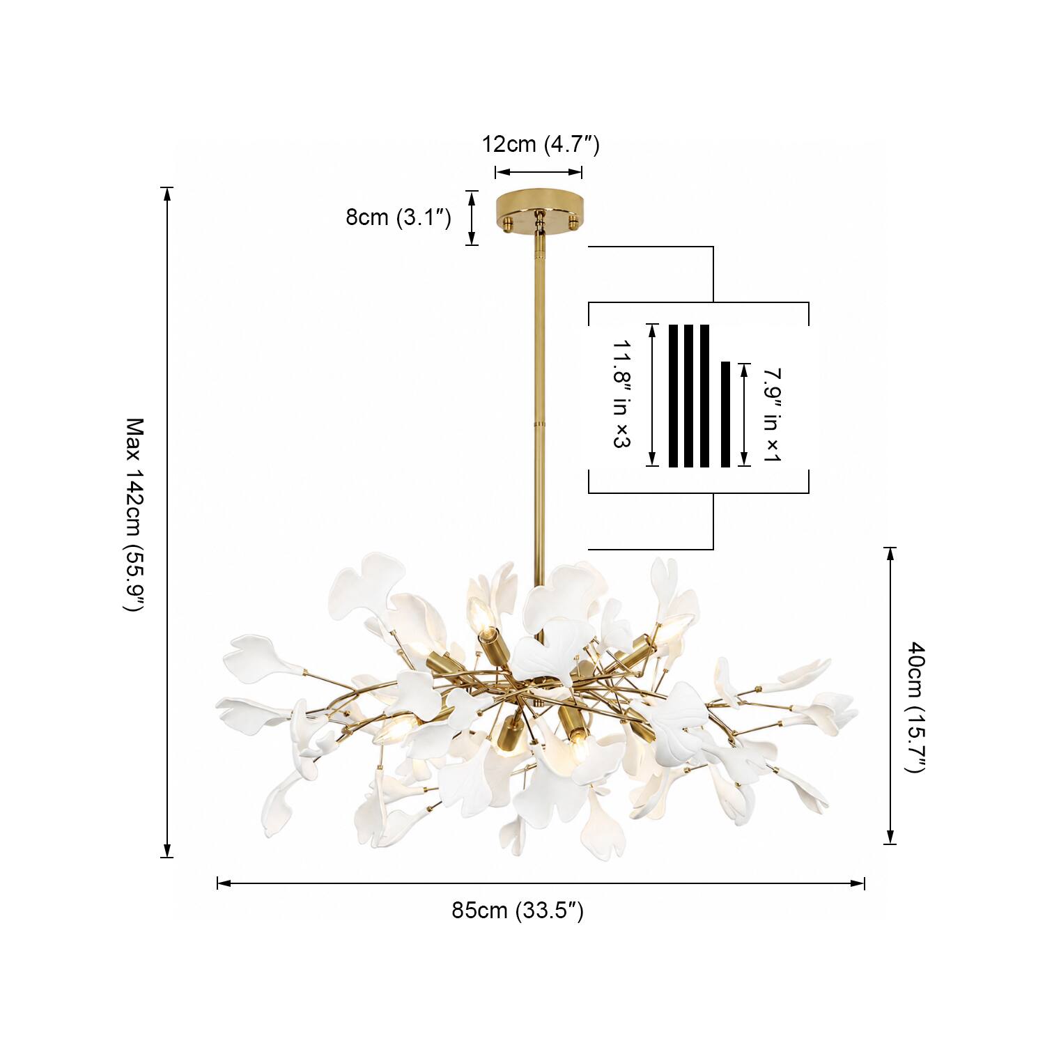 12cm (4.7")  
8cm (3.1")  
Max 142cm (55.9")  
11.8" x 3  
7.9" x 1  
40cm (15.7")  
85cm (33.5")