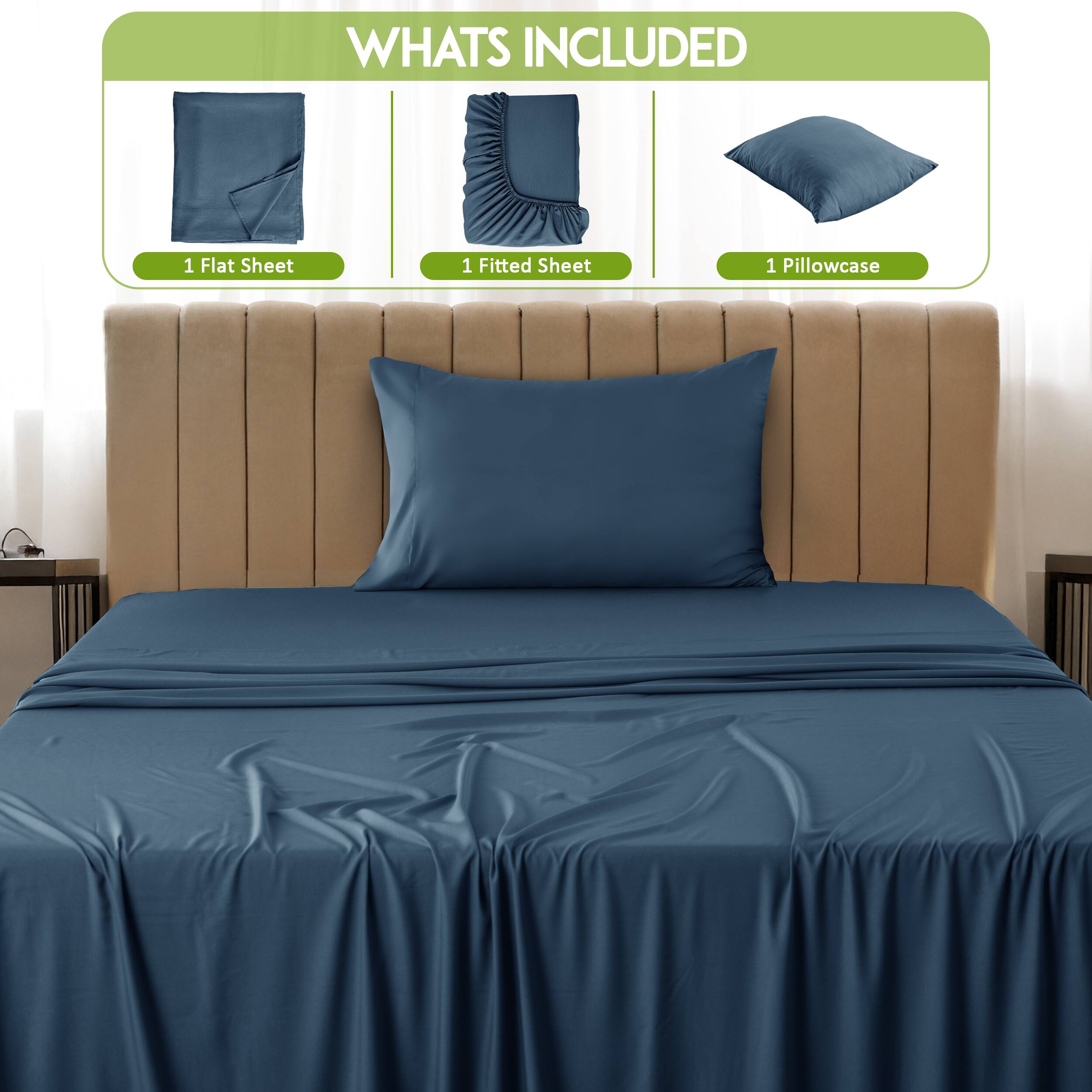 What's Included

1 Flat Sheet  
1 Fitted Sheet  
1 Pillowcase