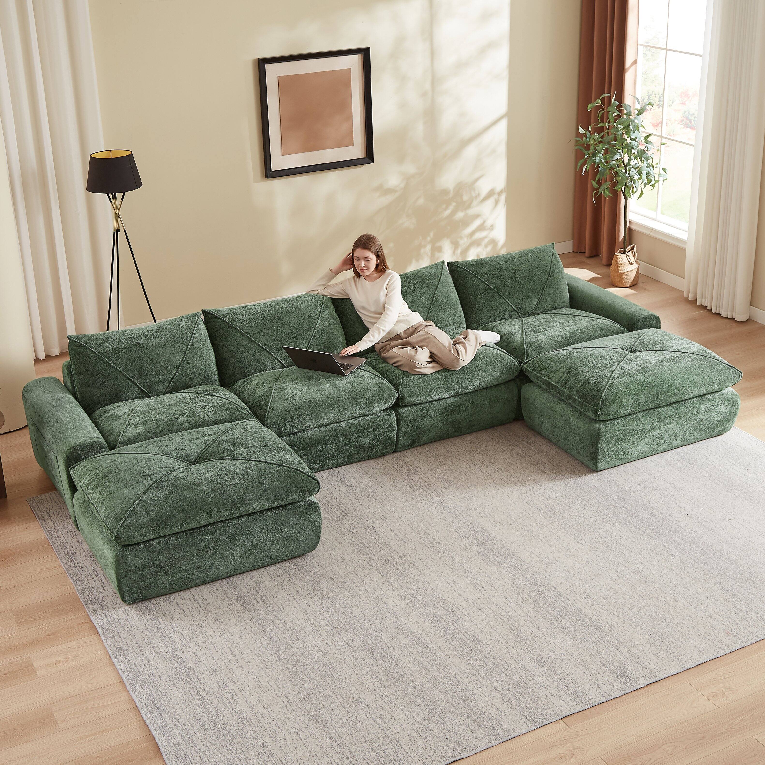 Left. Loheer - Loheer Large Living Room Sectional Chenille Sofa with Footrest 152 Inch Modern Modular Couch for Family - Green.