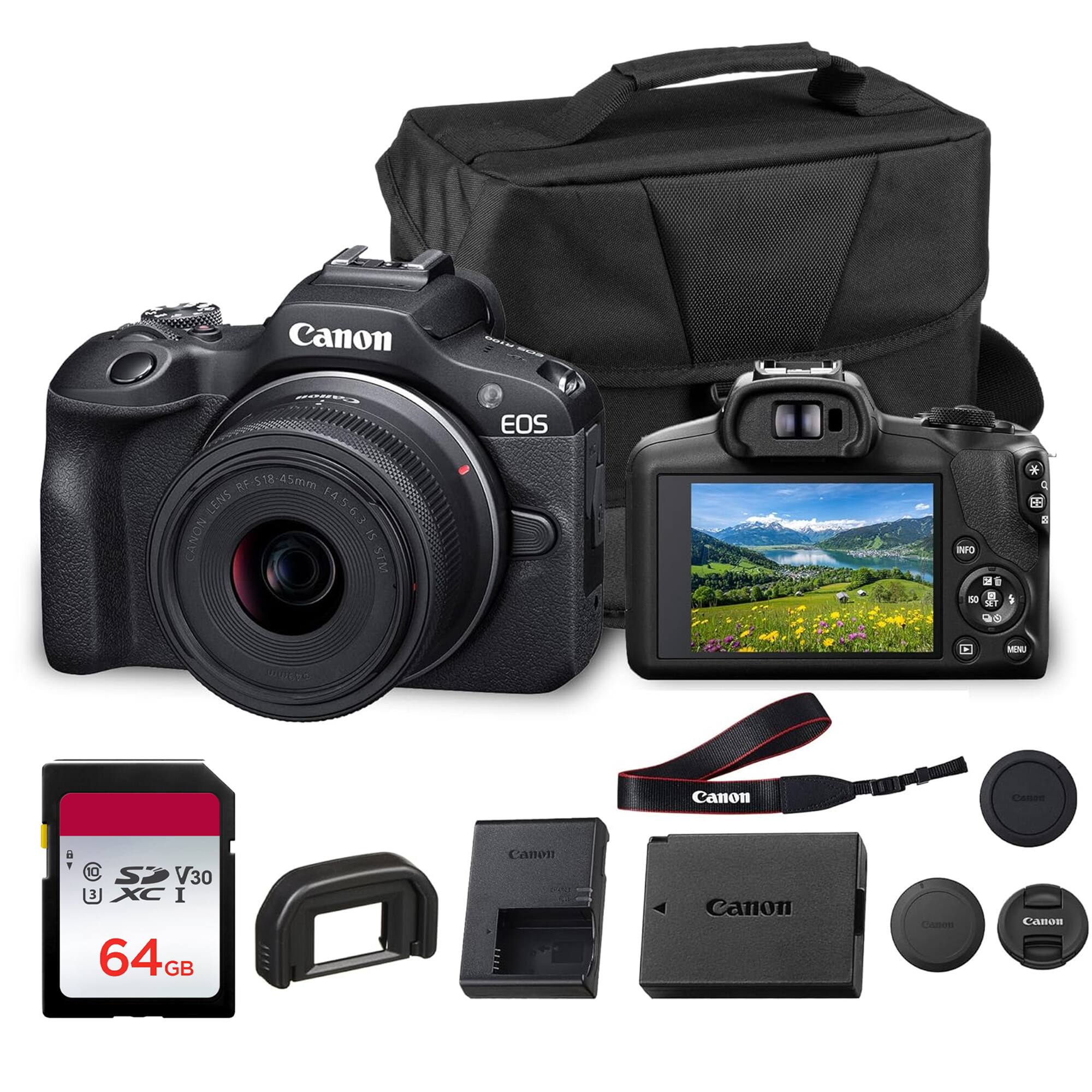 Canon EOS R5 14-45mm Lens  
Canon 5 STM  
Canon Cn  
Canon 64GB SD V30 XC I  
Canon