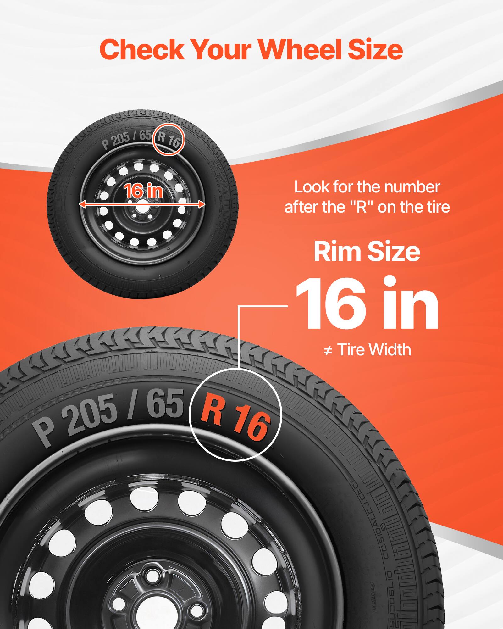 Check Your Wheel Size

205 | 65 R P 16

16 in

Look for the number after the "R" on the tire

Rim Size 16 in

Tire Width 205

www.al-ain.com
