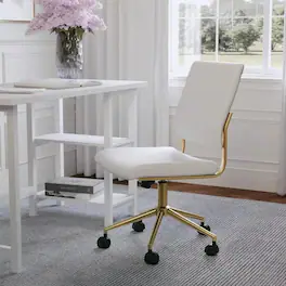 Martha Stewart - Elegant Armless Swivel Office Chair for Home & Desk - White Faux Leather/Polished Brass