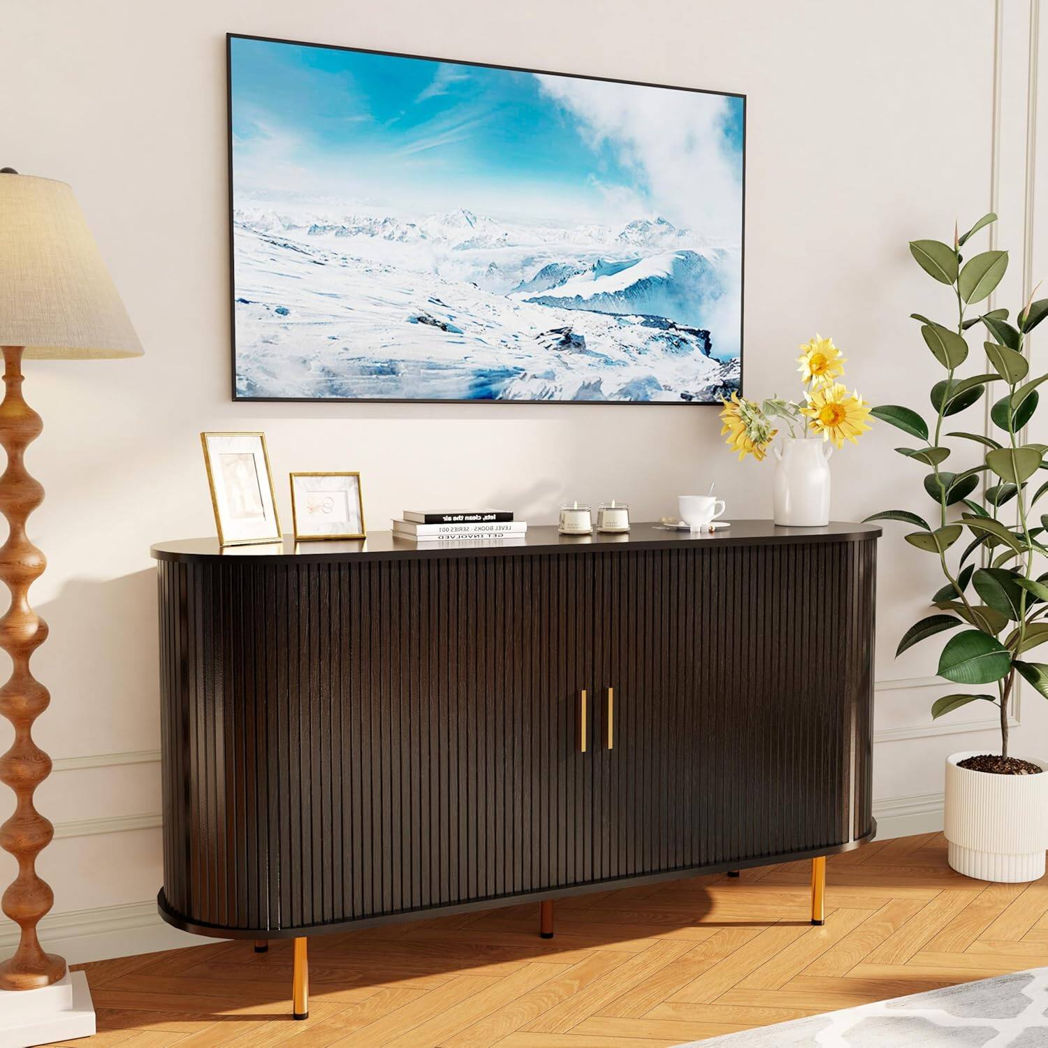 Alt View 4. Tiramisubest - 55 Inch Storage Cabinet,Fluted Sideboard Buffet Cabinet with Tambour Sliding Doors & Adjustable Shelf (Black) - Black.