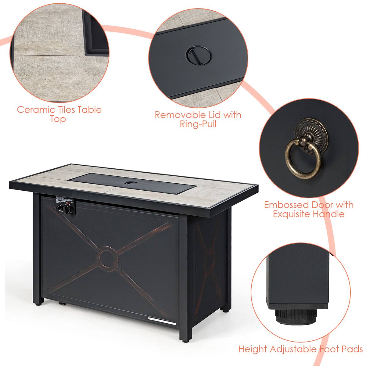 Ceramic Tiles Table Top  
Removable Lid with Ring-Pull  
Embossed Door with Exquisite Handle  
Height Adjustable Foot Pads