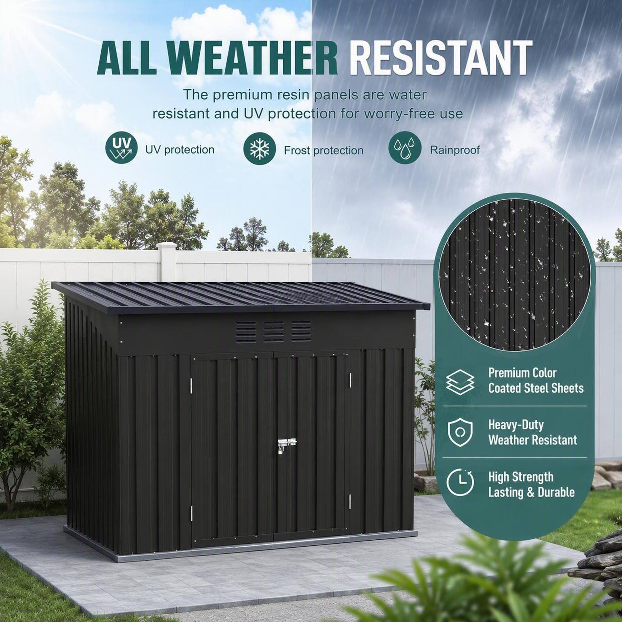 ALL WEATHER RESISTANT  
The premium resin panels are water resistant and UV protection for worry-free use

- UV protection
- Frost protection
- Rainproof

Premium Color Coated Steel Sheets  
Heavy-Duty Weather Resistant  
High Strength Lasting & Durable