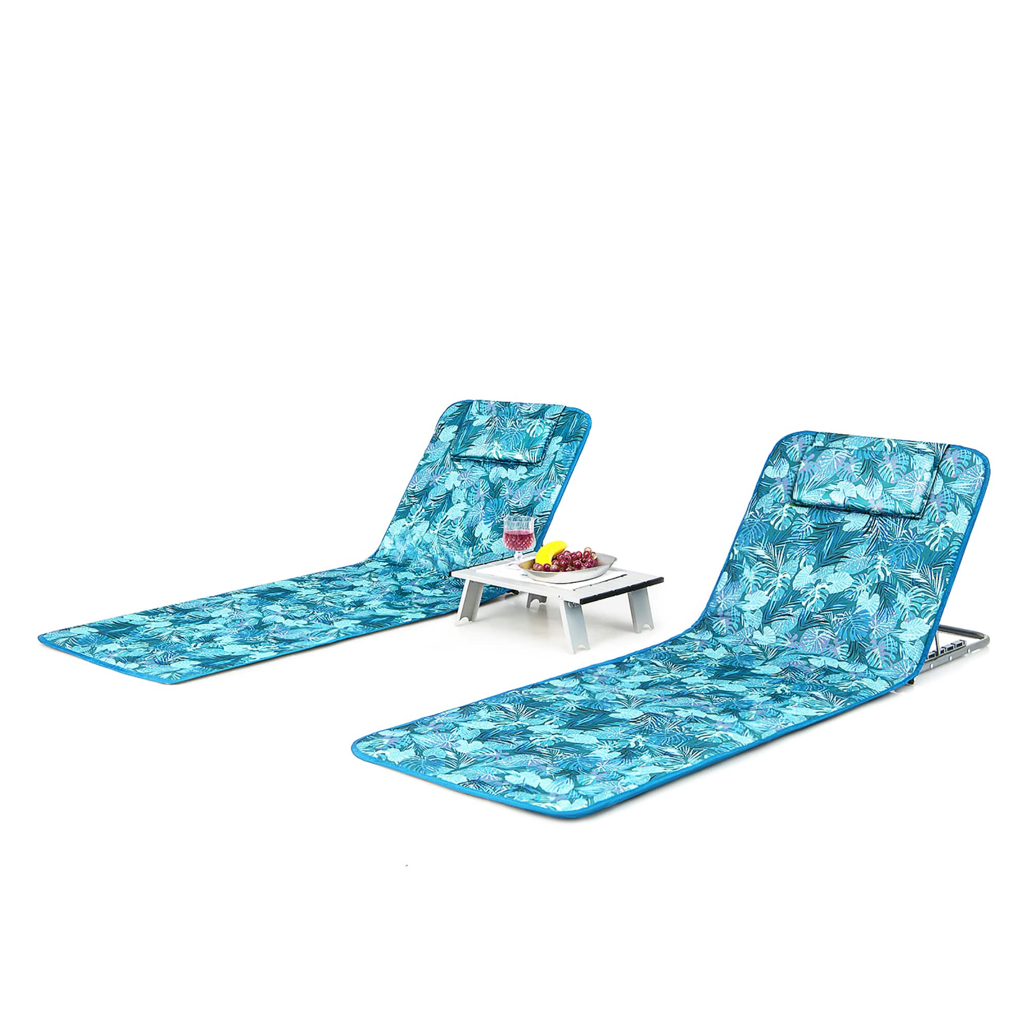 Costway - 3-Piece Beach Lounge Chair Mat Set 2 Adjustable Lounge Chairs with Table - Green