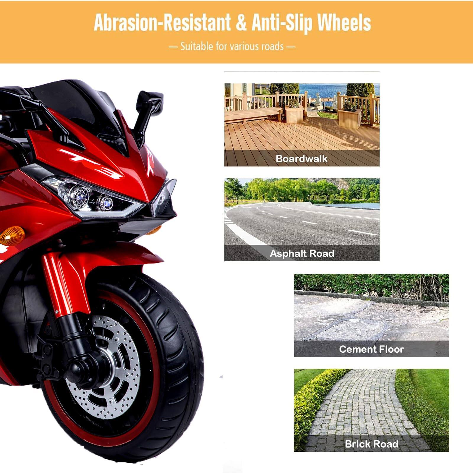 Abrasion-Resistant & Anti-Slip Wheels  
Suitable for various roads  

- Boardwalk  
- Asphalt Road  
- Cement Floor  
- Brick Road