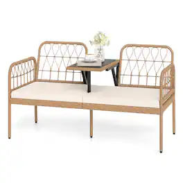 Costway - PE Rattan Outdoor Loveseat with Built-in Coffee Table & Soft Cushions for Lawn - Off White
