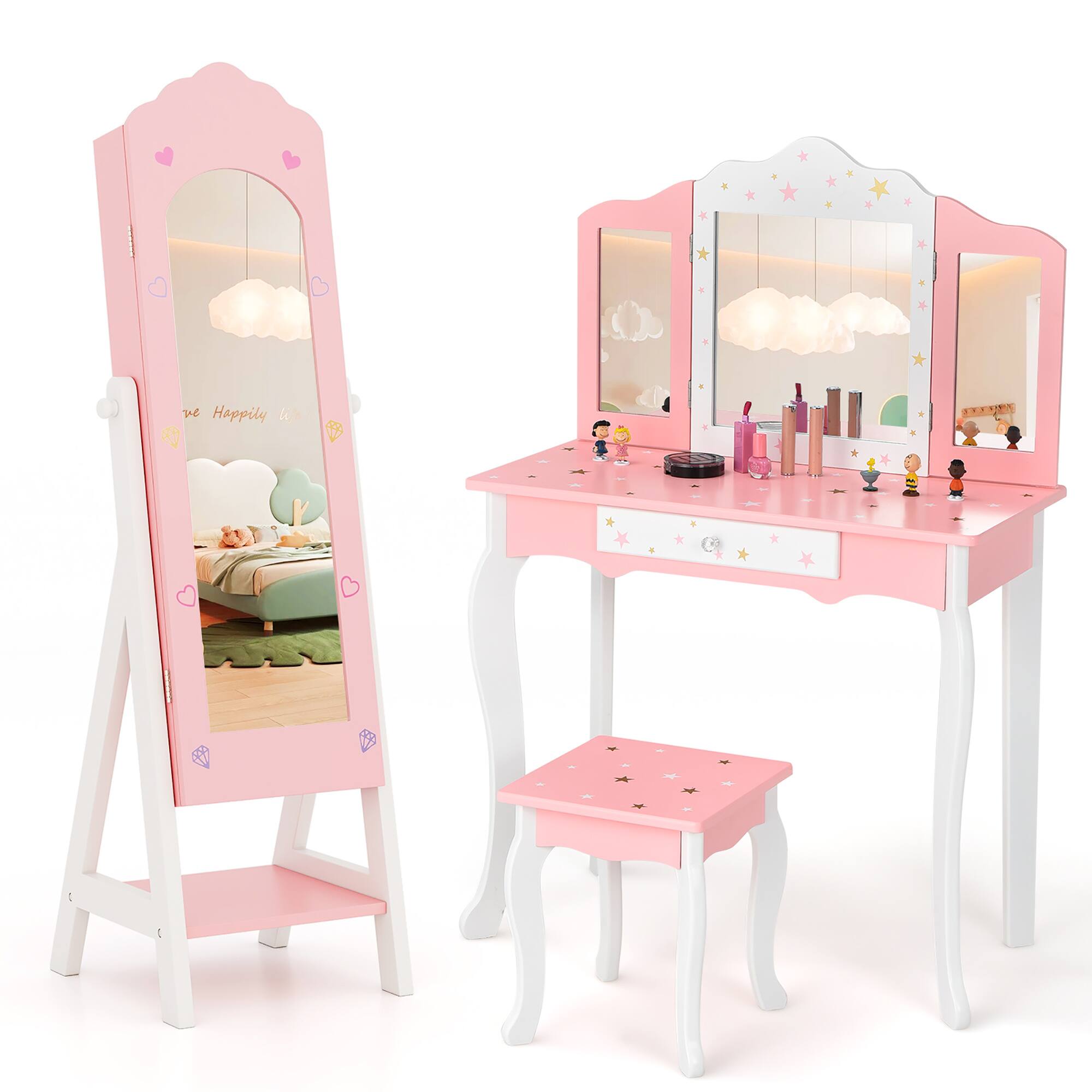 Front. Gymax - Gymax Kids Vanity Set Princess Makeup Dressing Table & Chair Set w/ Jewelry Armoire Pink - Pink.