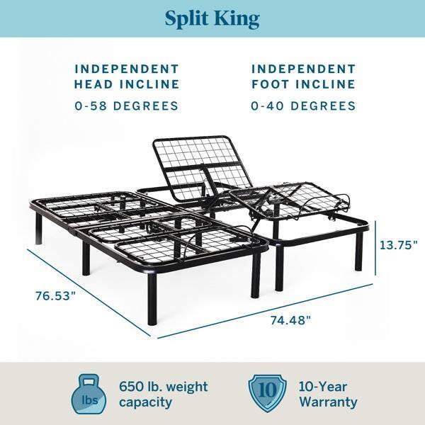 Split King, INDEPENDENT HEAD INCLINE 0-58 DEGREES, INDEPENDENT FOOT INCLINE 0-40 DEGREES, 13.75", 76.53", 74.48", 650 lb. weight capacity, 10-Year Warranty