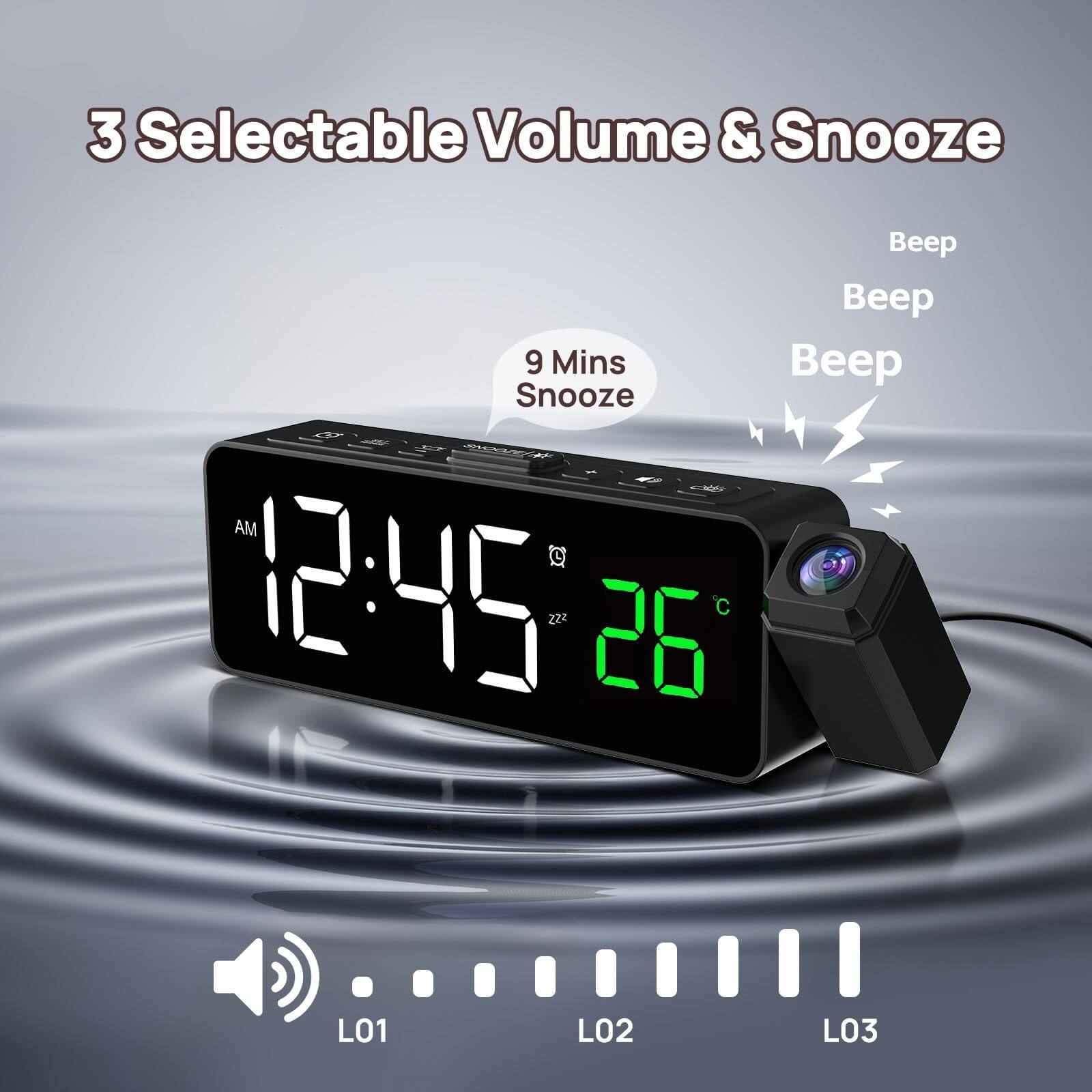 3 Selectable Volume & Snooze

9 Mins Snooze

AM 12:45

26°C

Beep Beep Beep

L01 L02 L03