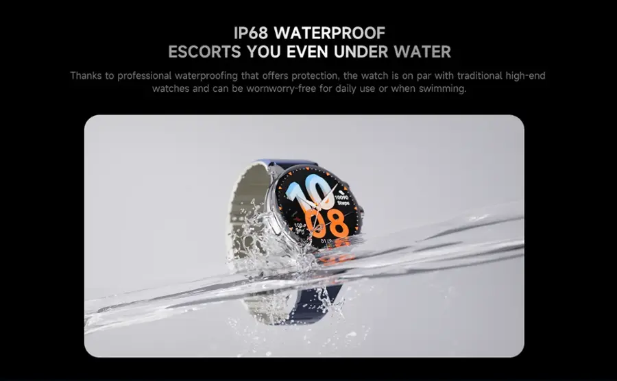 IP68 Waterproof Escorts You Even Under Water. Thanks to professional waterproofing that offers protection, the watch is on par with traditional high-end watches and can be worn worry-free for daily use or when swimming.