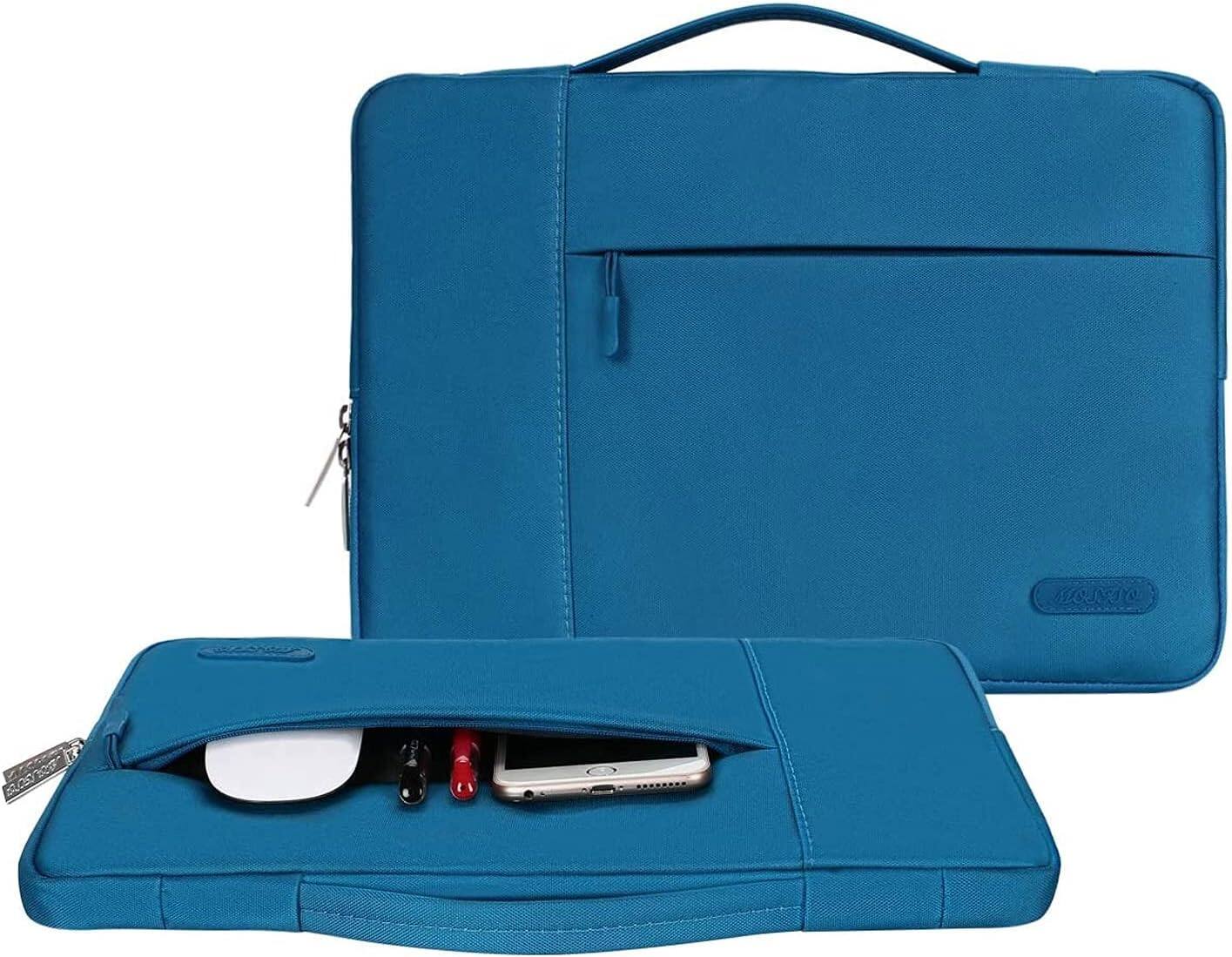 Angle. mosiso - 13.3-inch Slim Laptop Sleeve with Handle, Shock-Resistant Bubble Foam, Two Exterior Pockets - Lake Blue.