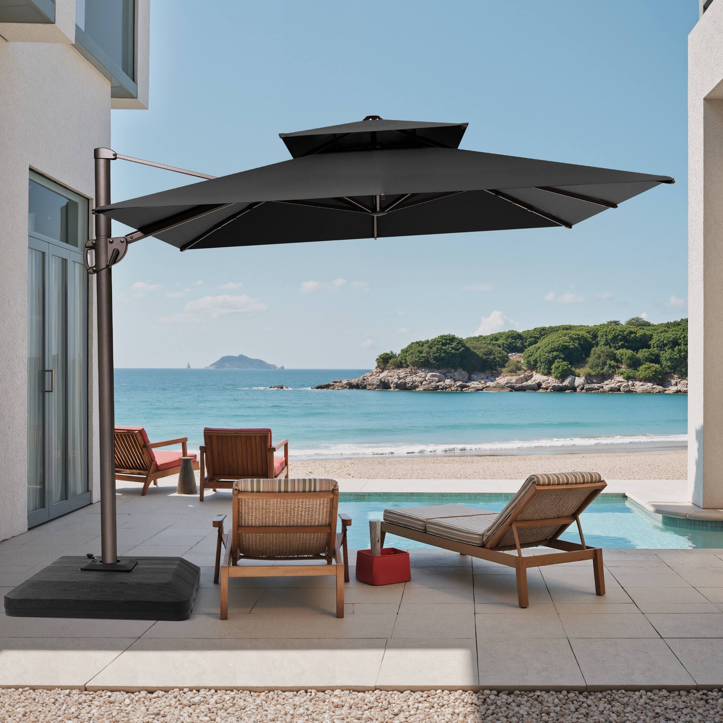 Back. Crestlive Products - Crestlive Products 11-ft Aluminum Tan Slide-tilt Cantilever Patio Umbrella with Base - Black.