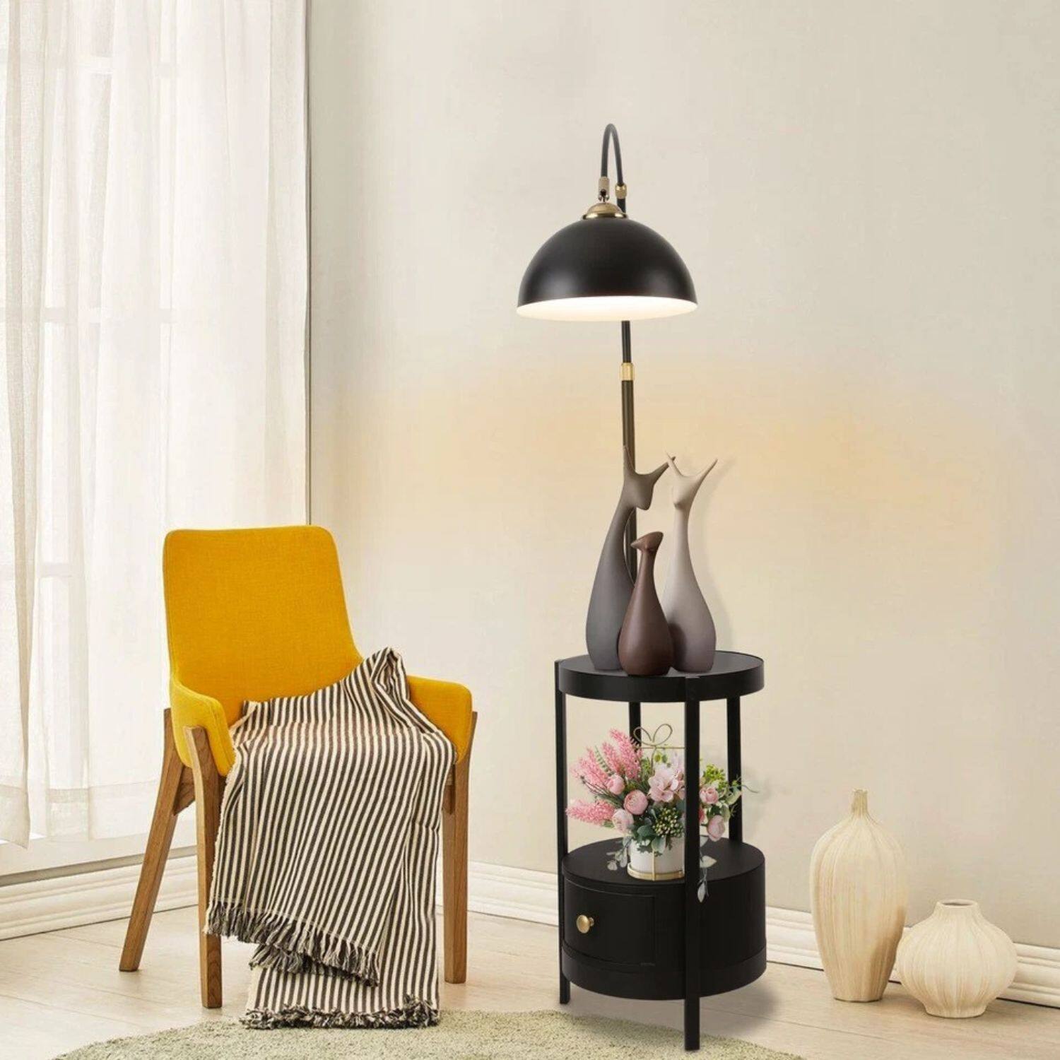 Angle. Stock Preferred - Adjustable Black Arched Floor Lamp with Gold Shade, Foot Switch & Table - Black with Gold Shade.