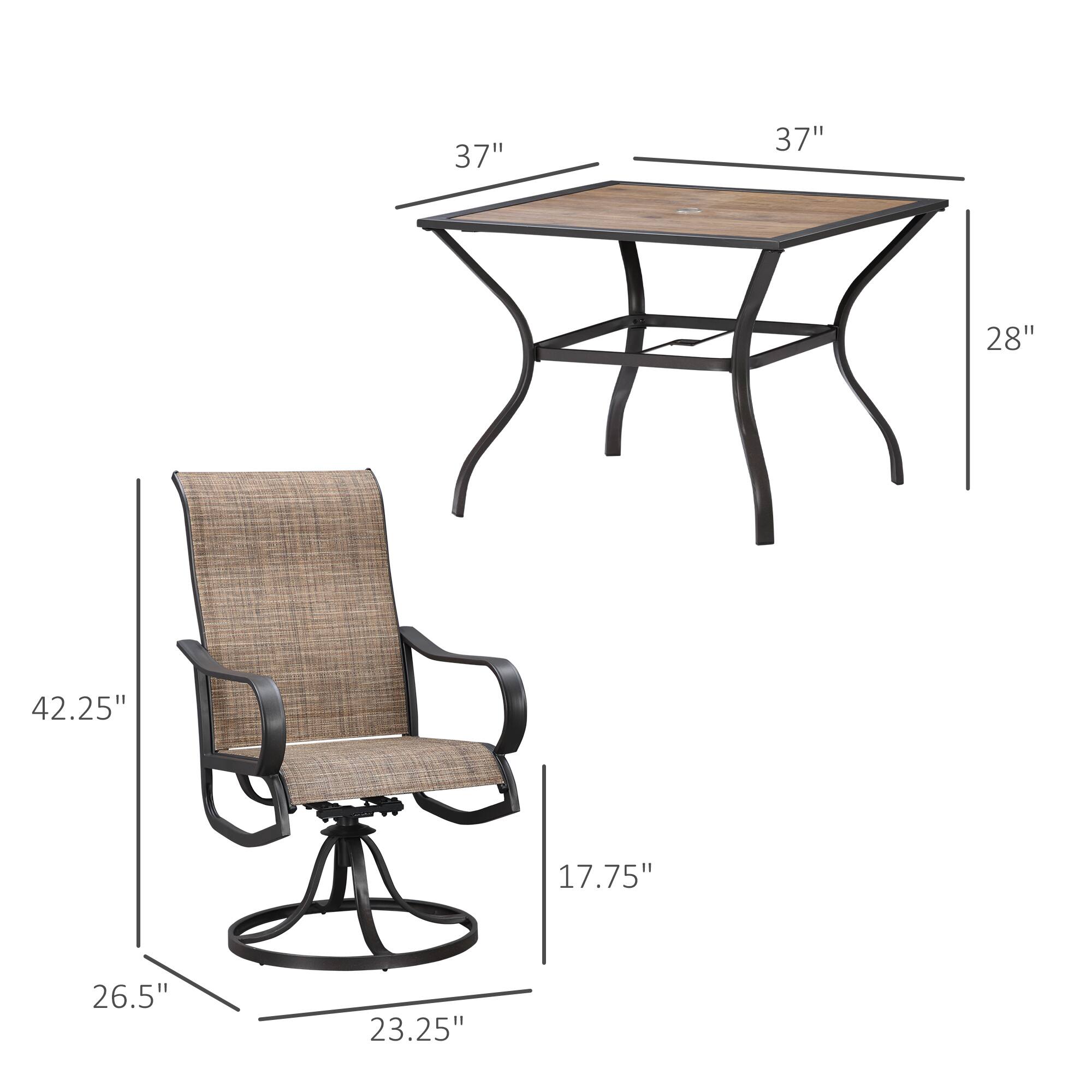 - Table:
  - Length: 37"
  - Width: 37"
  - Height: 28"

- Chair:
  - Height: 42.25"
  - Seat Height: 17.75"
  - Width: 26.5"
  - Depth: 23.25"