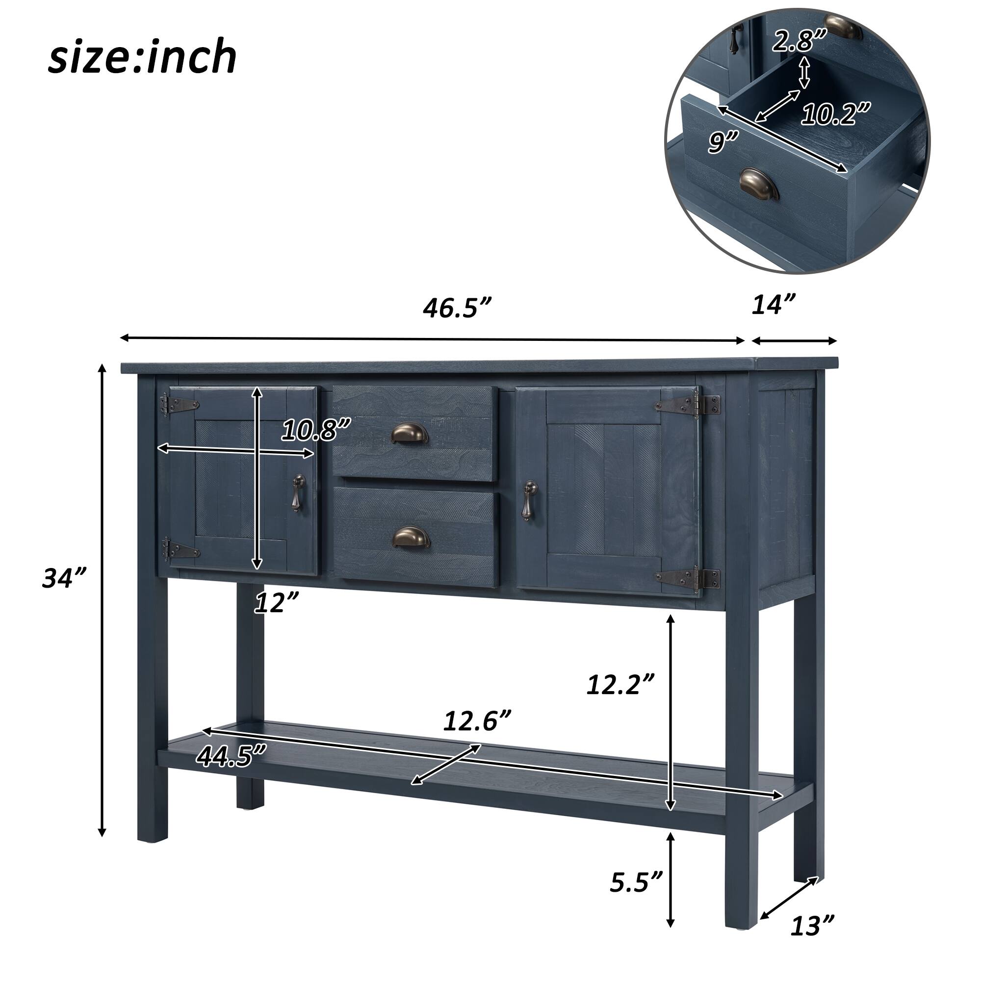 size: inch  
9" 2.8" 10.2" 46.5" 14" 10.8" 34" 12" 44.5" 12.6" 12.2" 5.5" 13"