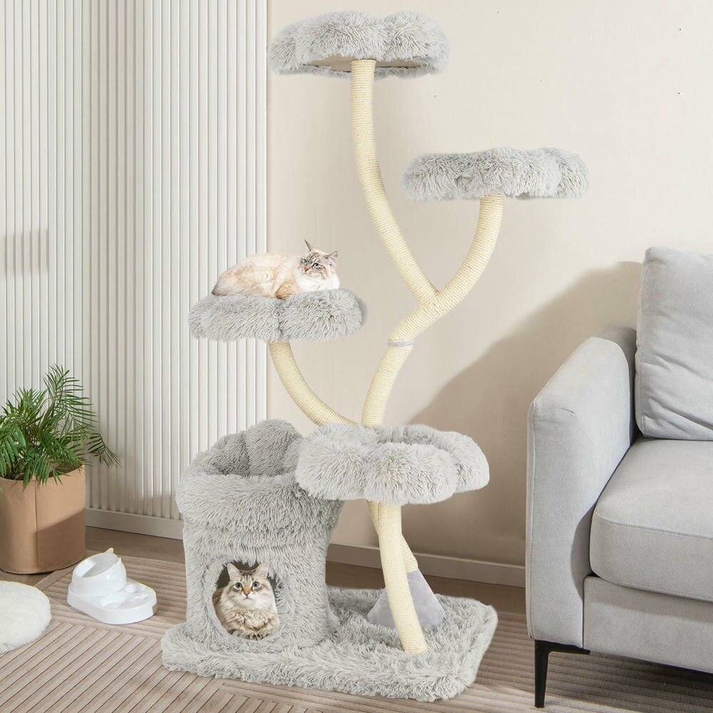 Left. Kadyn - Freestanding Cat Tree with Four Flower-Shaped Platforms and Sisal Posts, Gray - Gray.